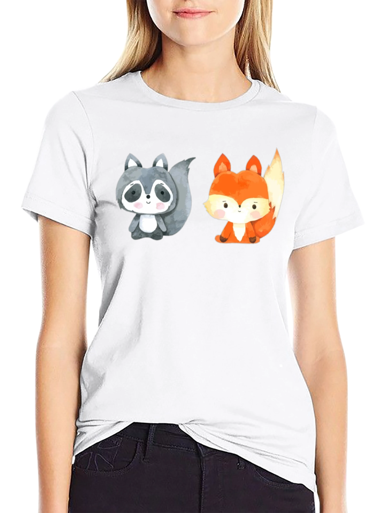 Black Cute Cartoon Animal Tee: Raccoon & Fox Black Shirt view 9