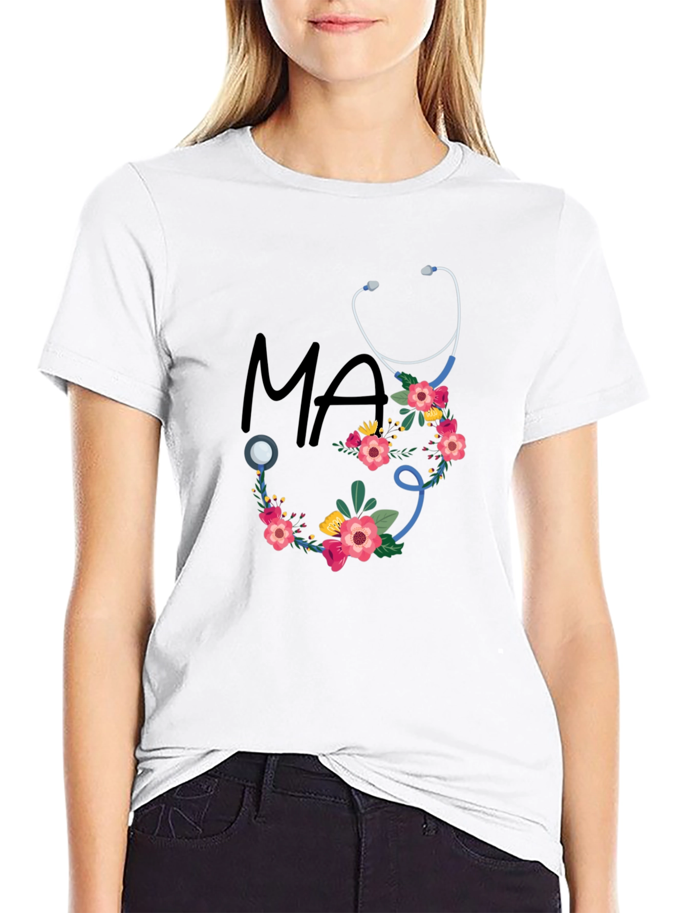 Black Floral Stethoscope MA T-Shirt - Medical Assistant Style view 9