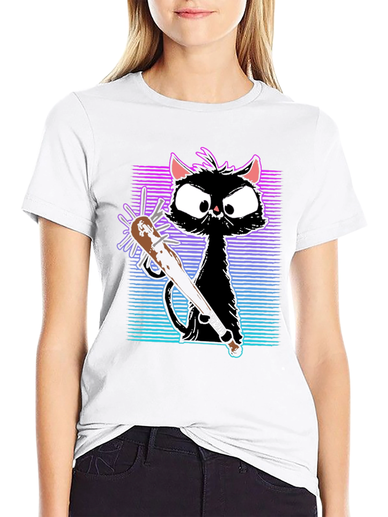 Black Gangster Cat T-Shirt with Spiked Bat - Black view 9