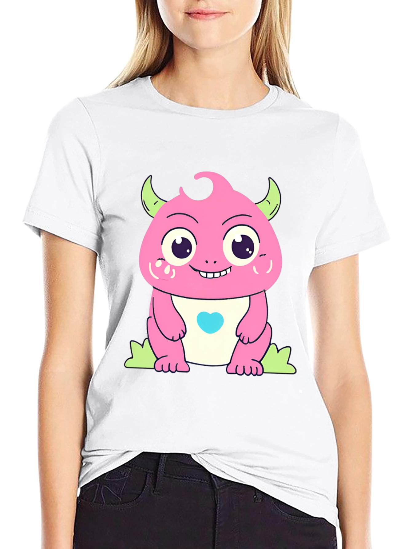 Black Cute Cartoon Monster Graphic Black T-Shirt view 9
