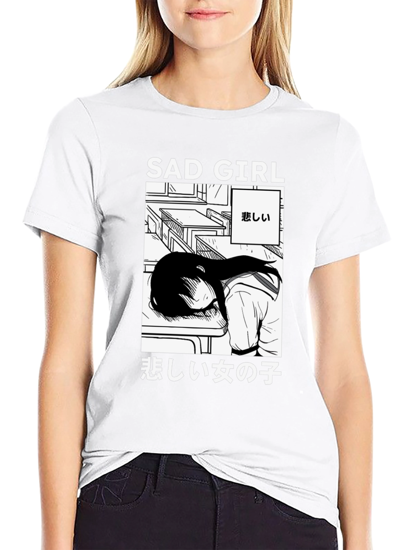 Black Sad Girl Anime Graphic T-Shirt - Unisex view 9