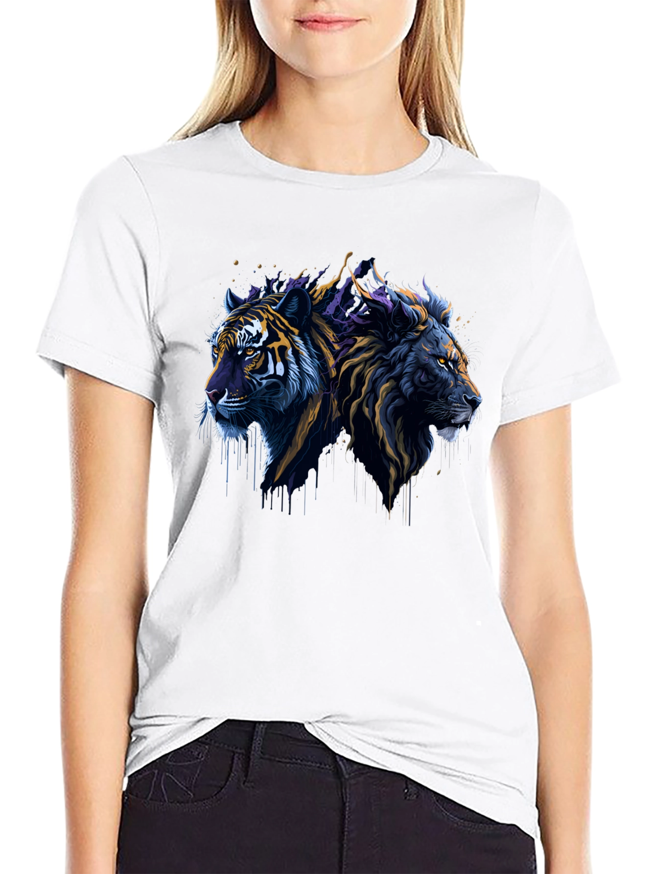 Black Lion & Tiger Graphic Tee - Black Crew Neck T-Shirt view 9