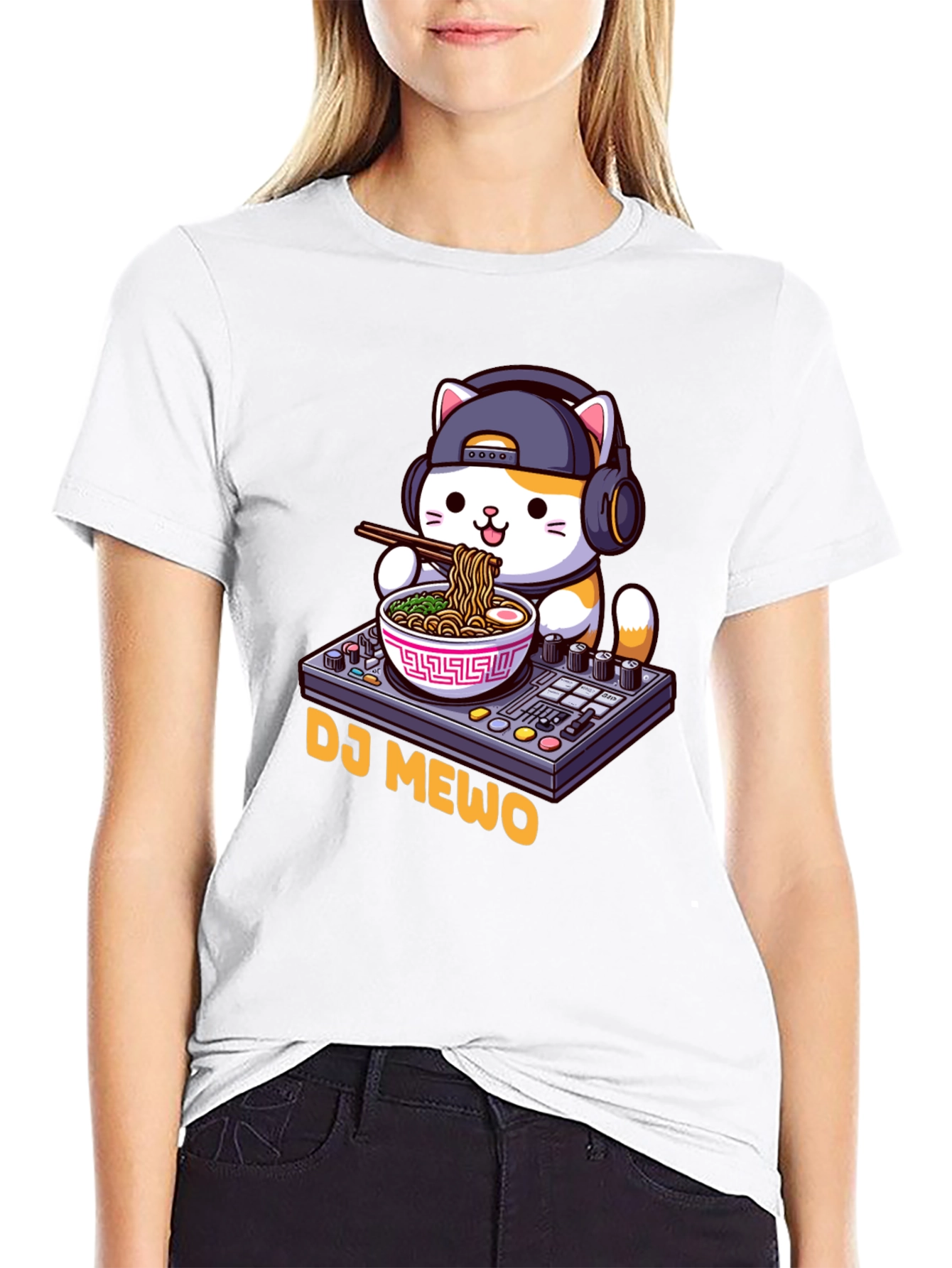 Black DJ MEWO Black T-Shirt - Cat Ramen DJ Design view 9