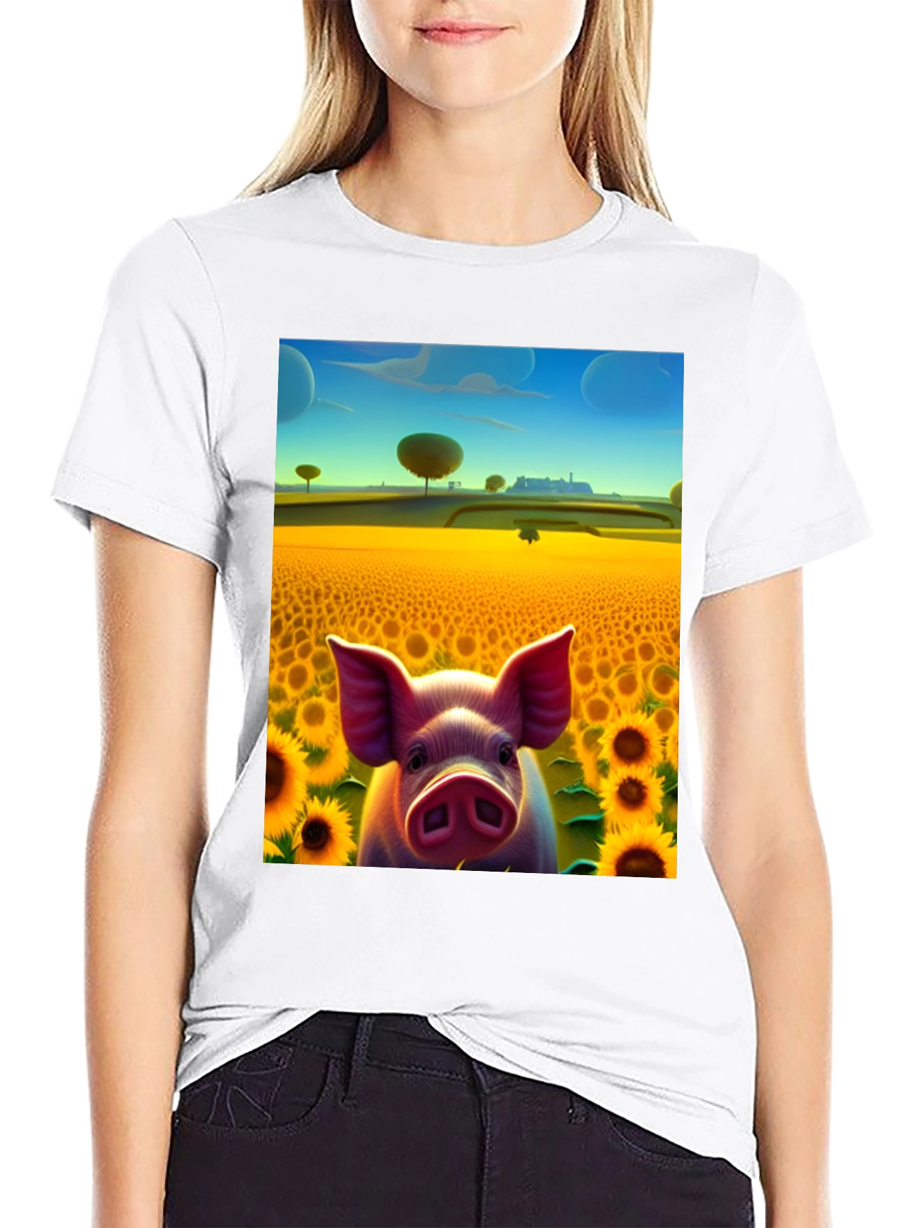 Black Pig in Sunflower Field Graphic Tee view 9