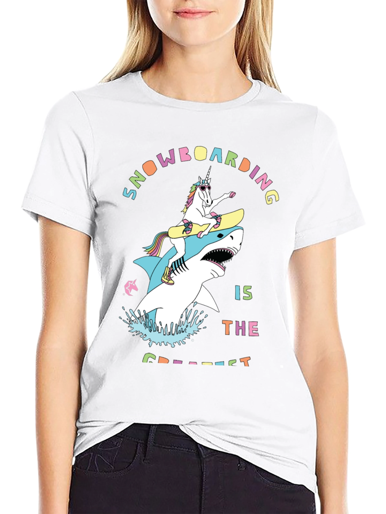 Black Snowboarding Shark & Unicorn Graphic Tee view 9