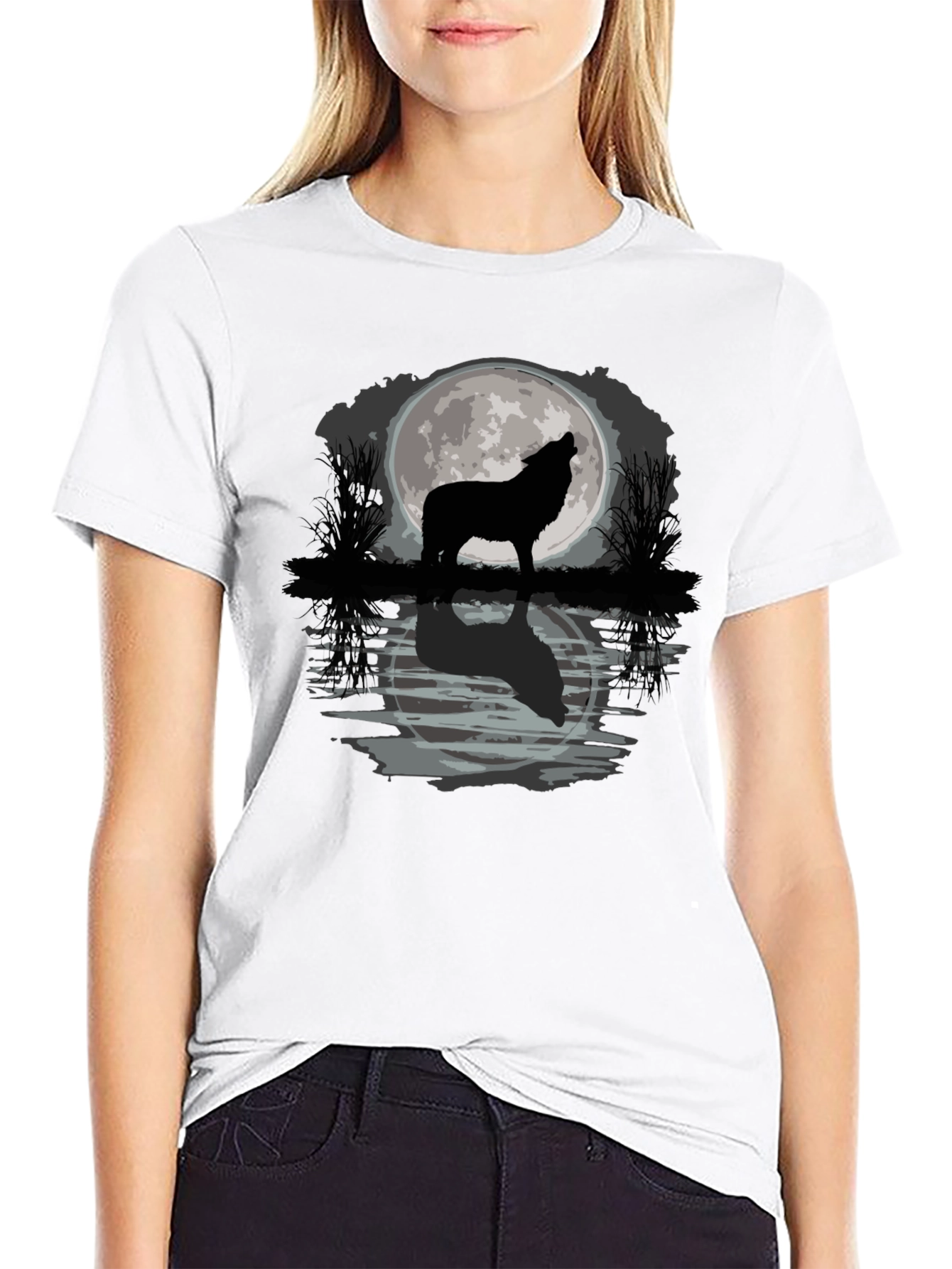 Black Wolf Howling at Moon Graphic T-Shirt view 9