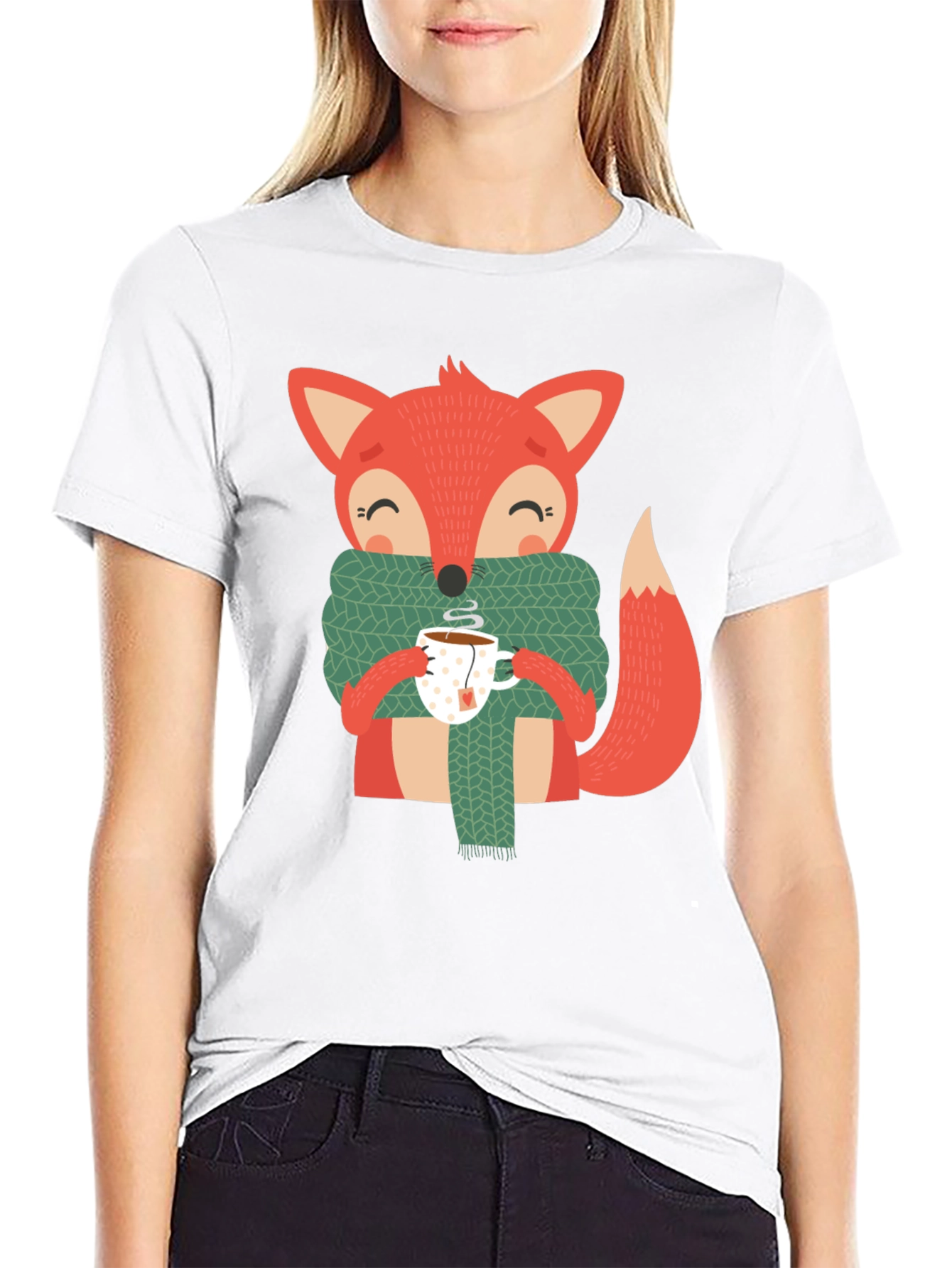 Black Cute Fox Winter Tee - Snug Scarf & Hot Tea Design view 9