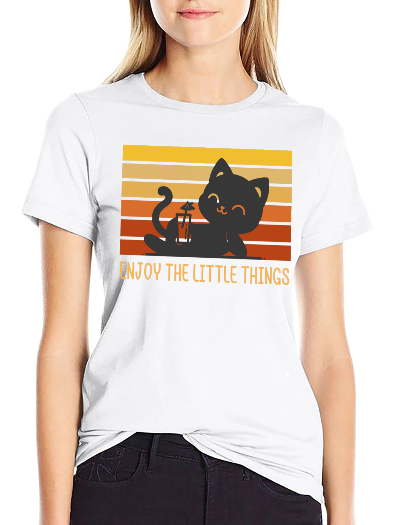 Black Enjoy the Little Things Cat T-Shirt - Relaxed Black Tee view 9