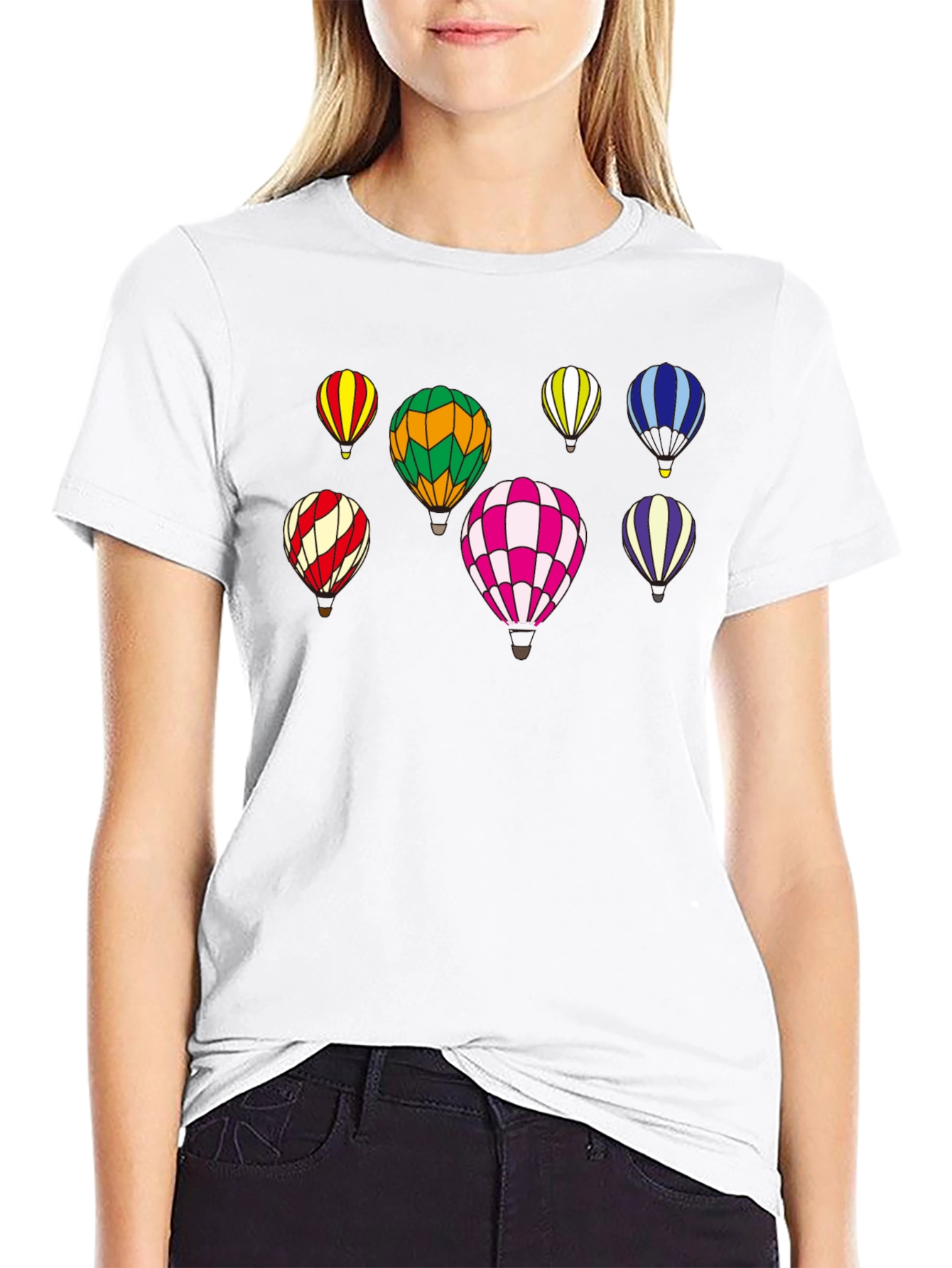 Black Colorful Hot Air Balloon Print T-Shirt view 9