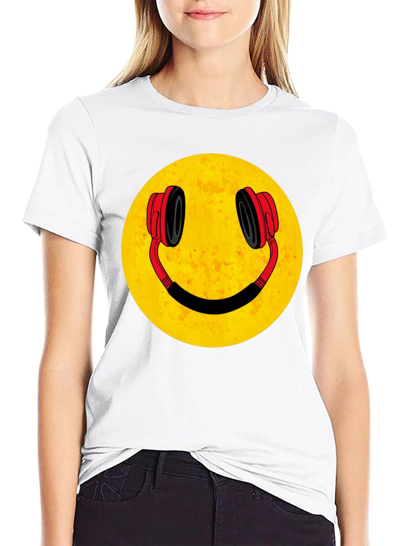 Black Smiley Face Headphones Graphic Tee view 9