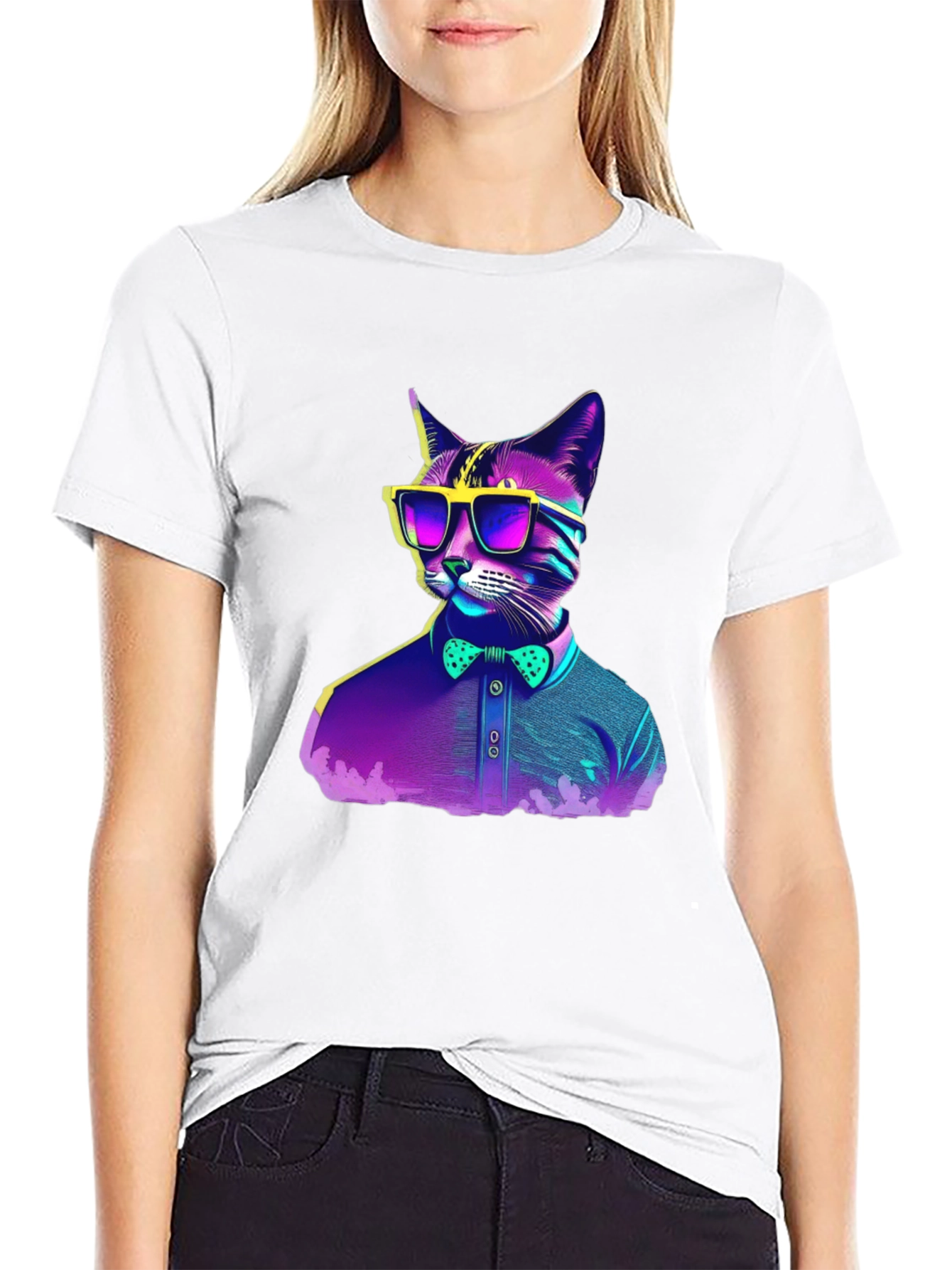 Black Hipster Cat T-Shirt - Cool Neon Design view 9