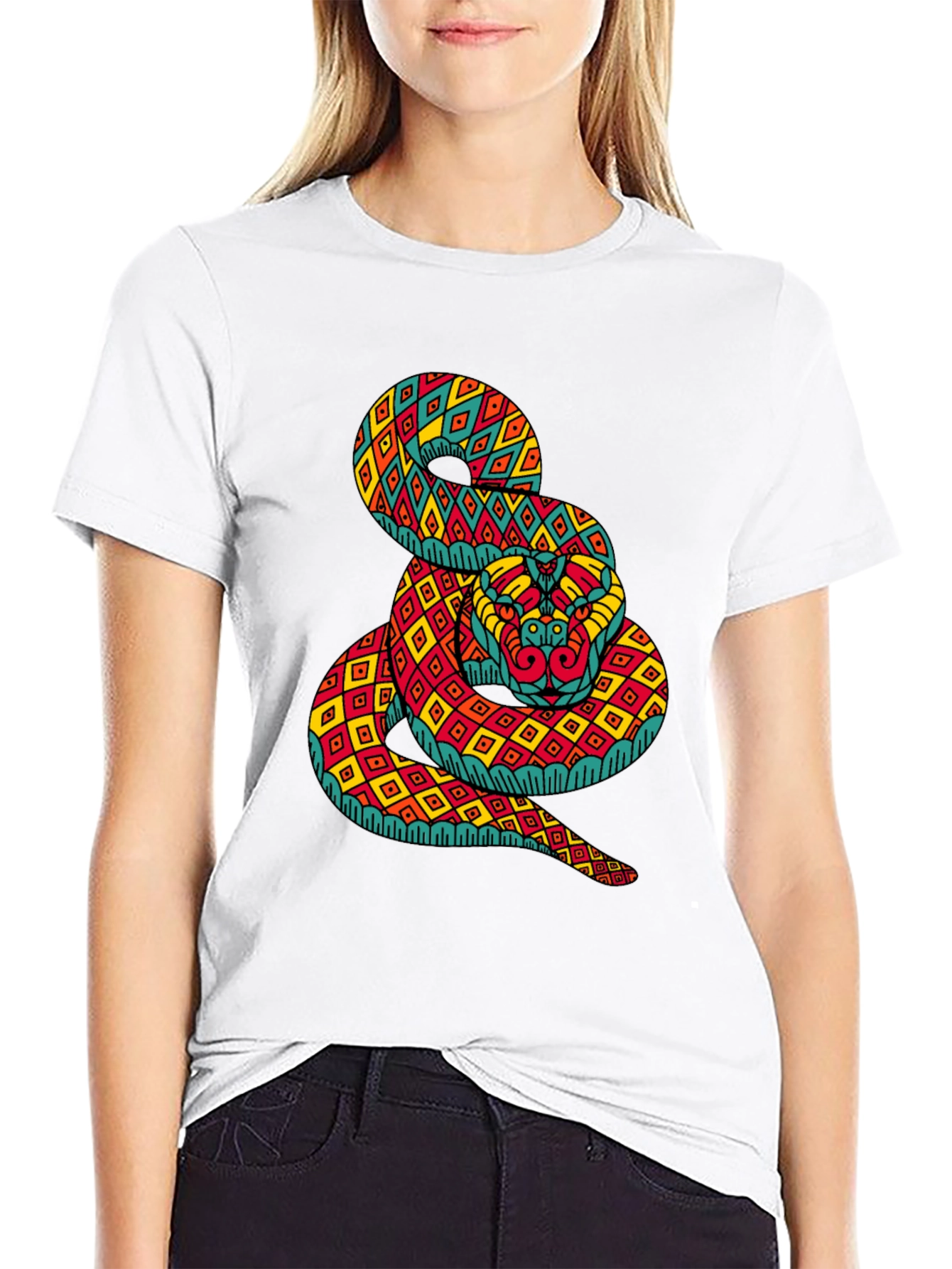 Black Geometric Snake Print Black T-Shirt view 9