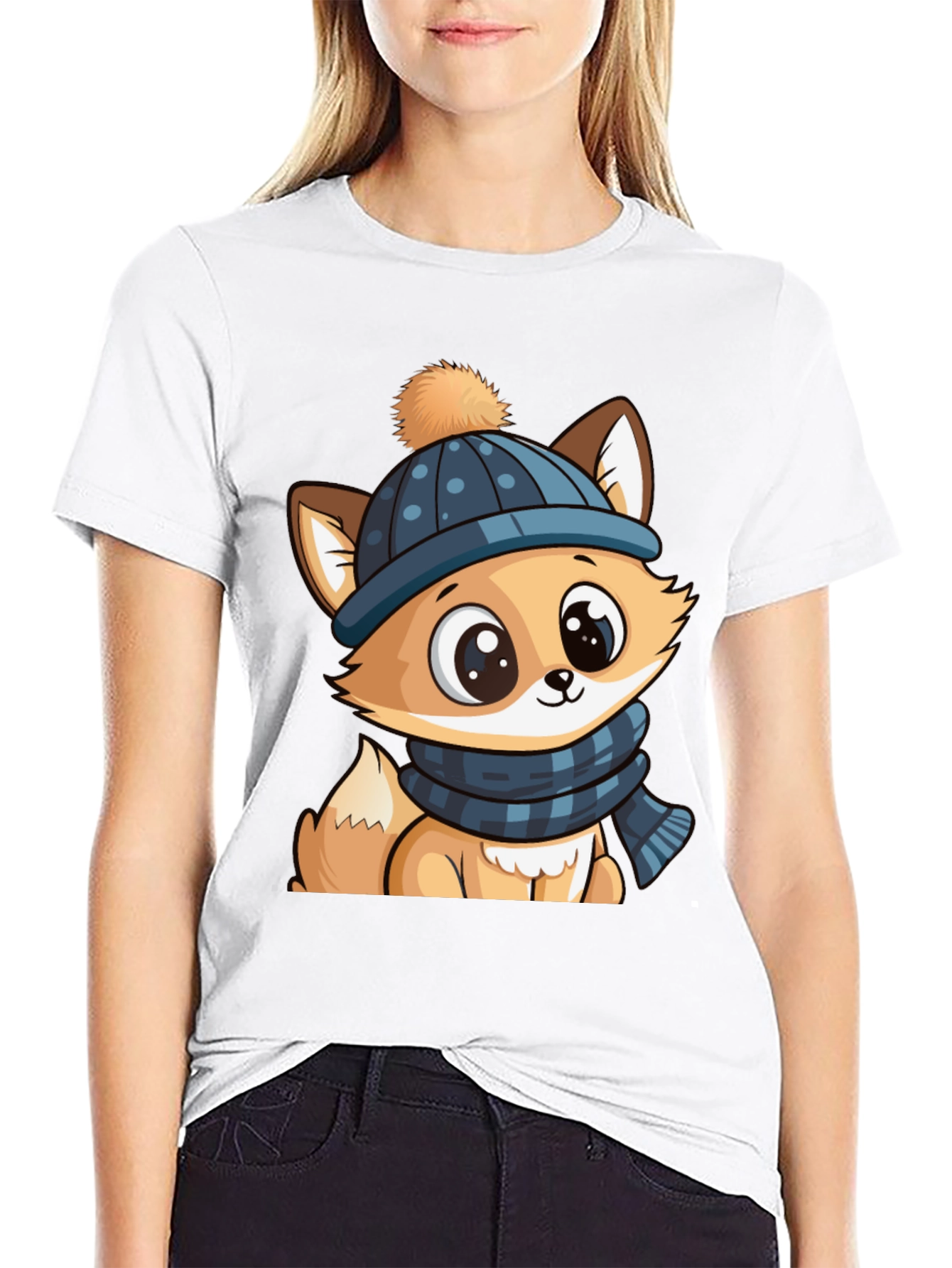 Black Cute Cartoon Fox with Winter Hat Graphic Tee view 9
