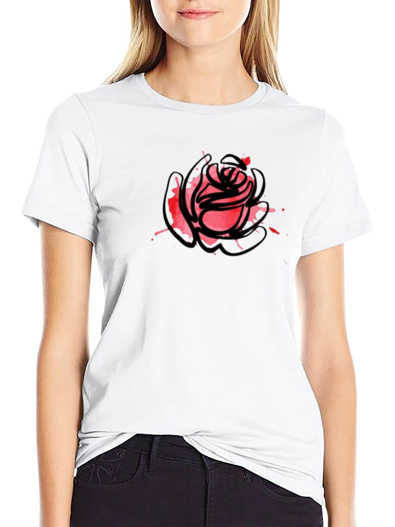 Black Abstract Rose Graphic Tee - Casual Black T-Shirt view 9