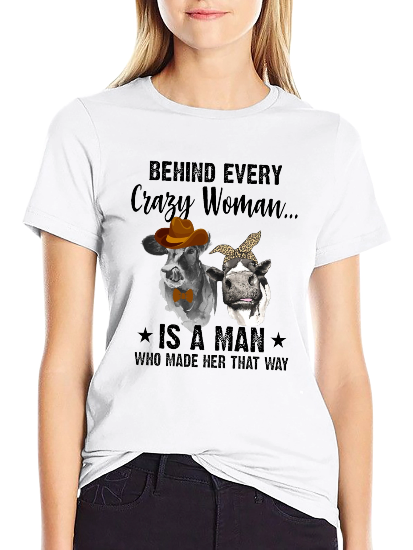 Black Crazy Woman Cow Graphic T-Shirt view 9