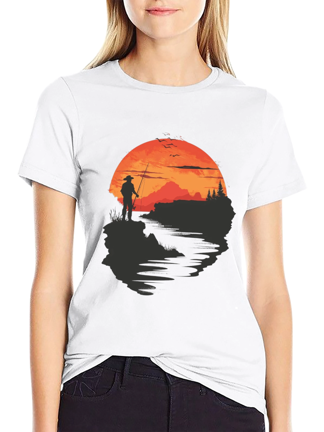 Black Fisherman Sunset Graphic Tee - Black Crew Neck view 9