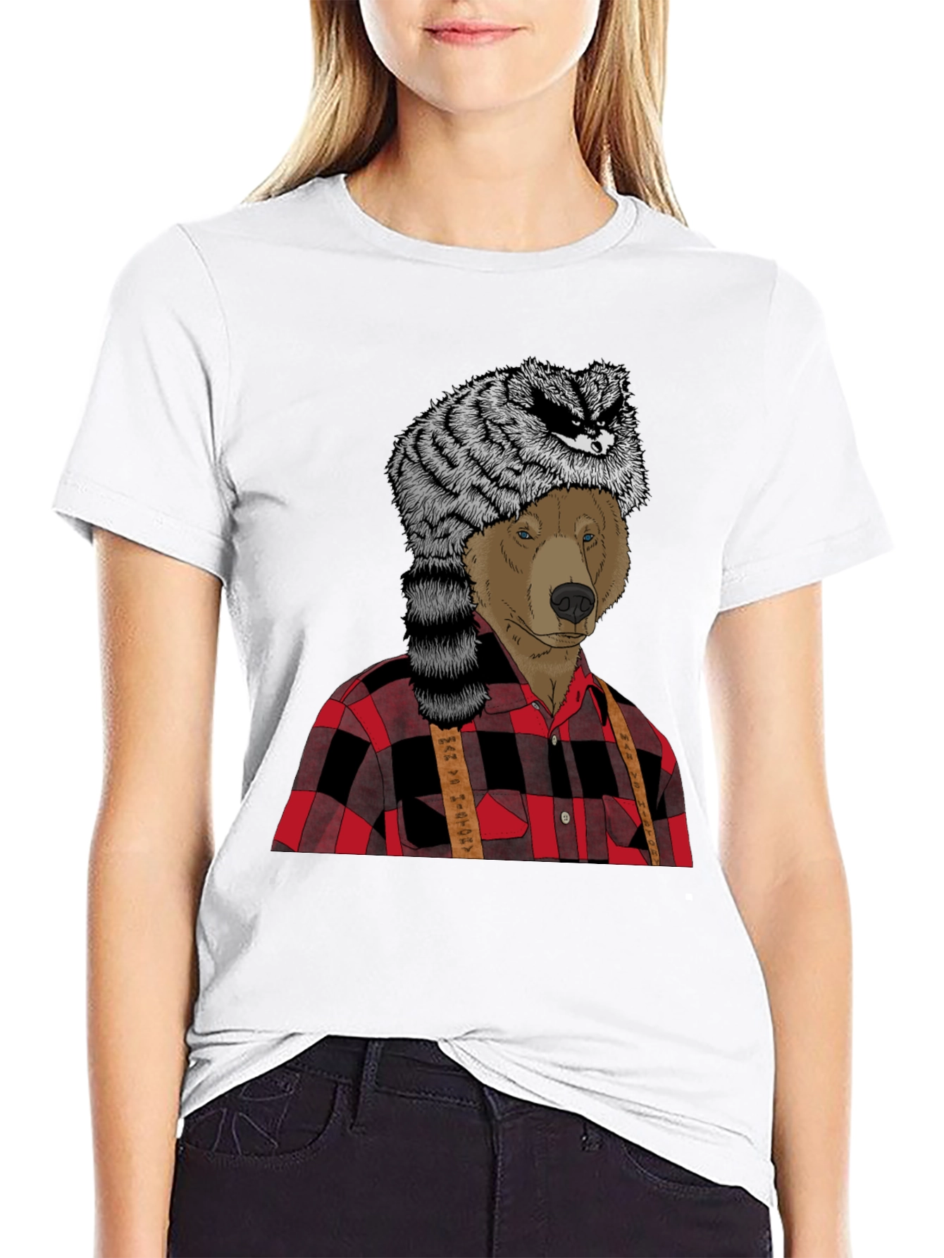 Black Bear in Raccoon Hat Lumberjack T-Shirt view 9