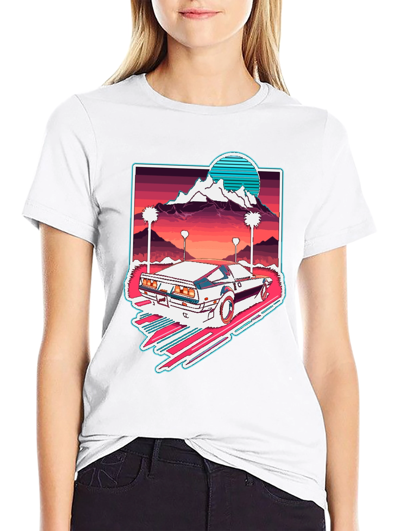 Black Retro Wave Car Graphic Tee - Synthwave Aesthetic T-Shirt view 9