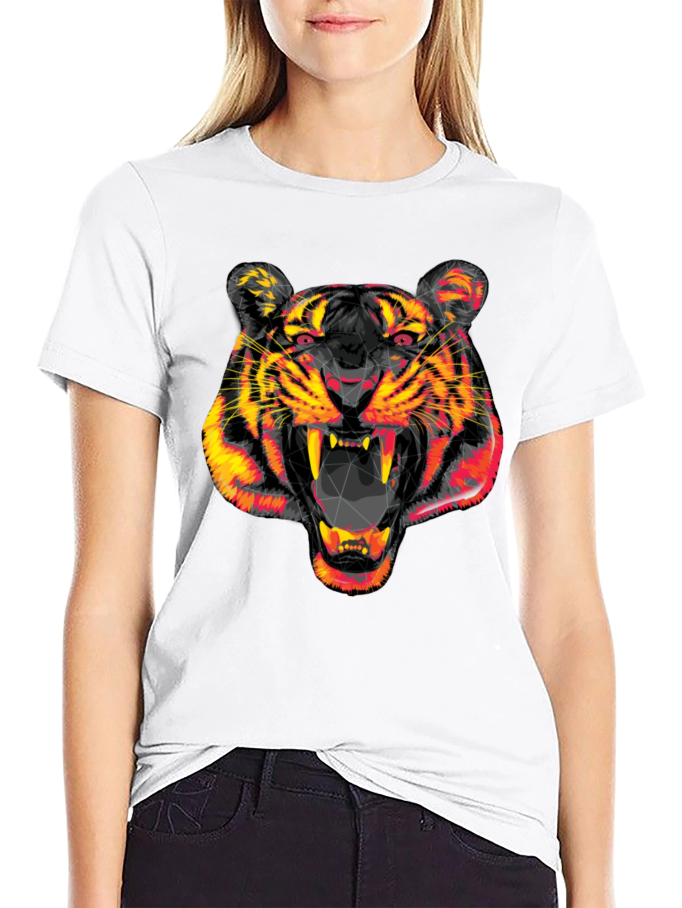 Black Geometric Tiger Head Black Graphic Tee view 9