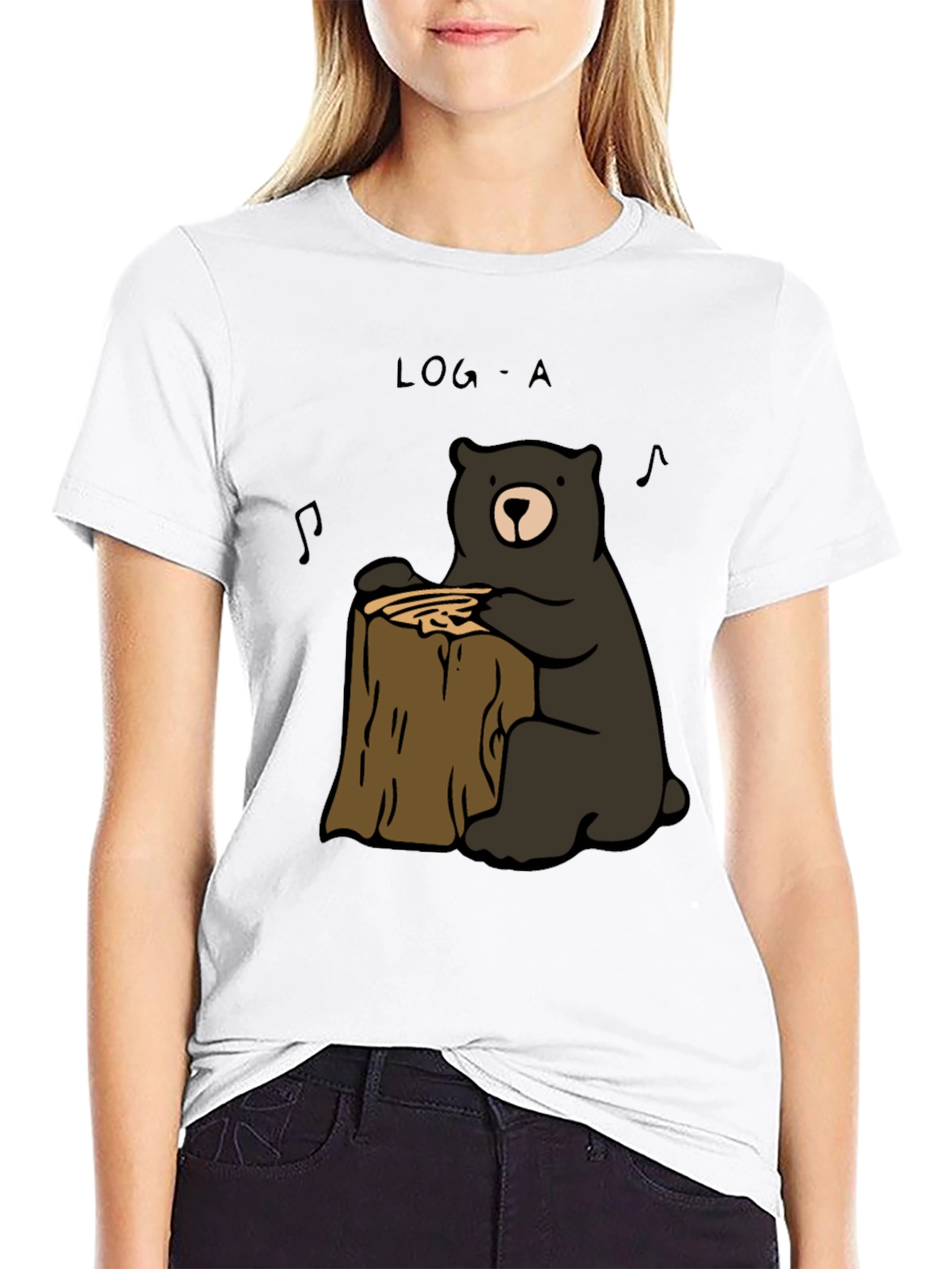 Black Log-A Bear T-Shirt - Music Loving Bear on Wood Stump view 9