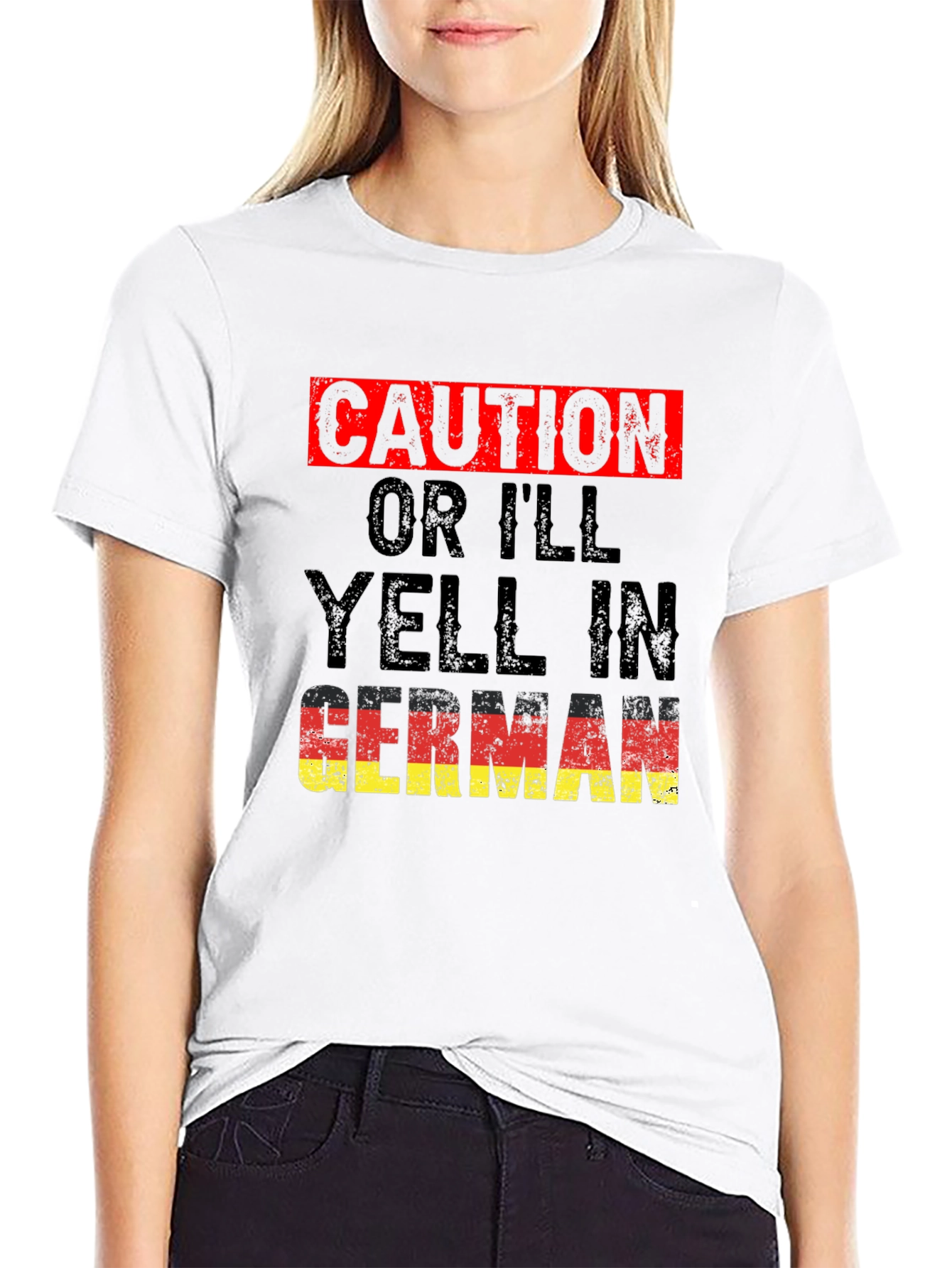 Black Caution, I'll Yell In German T-Shirt view 9
