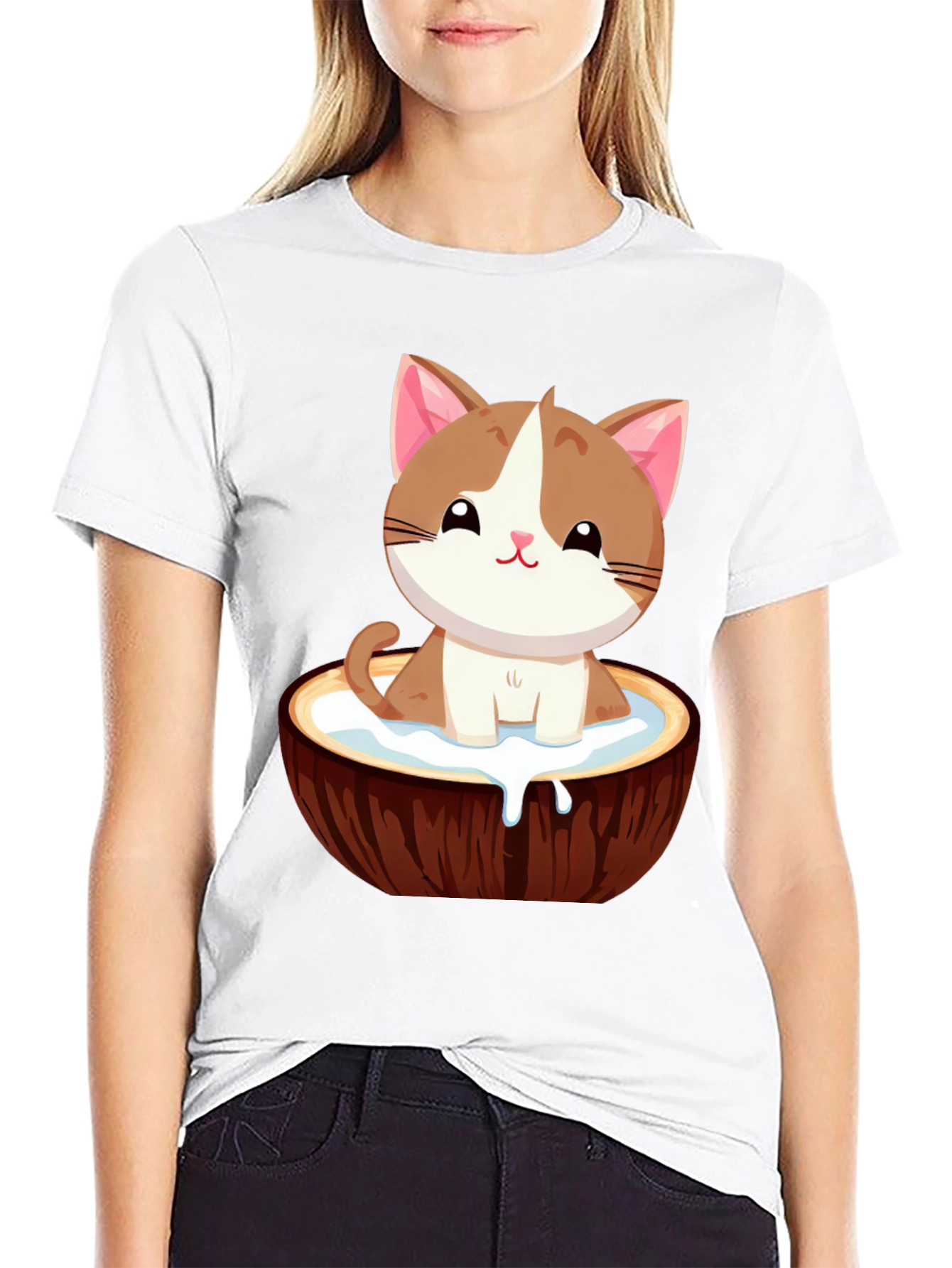 Black Cute Cat in Coconut Bowl T-Shirt view 9