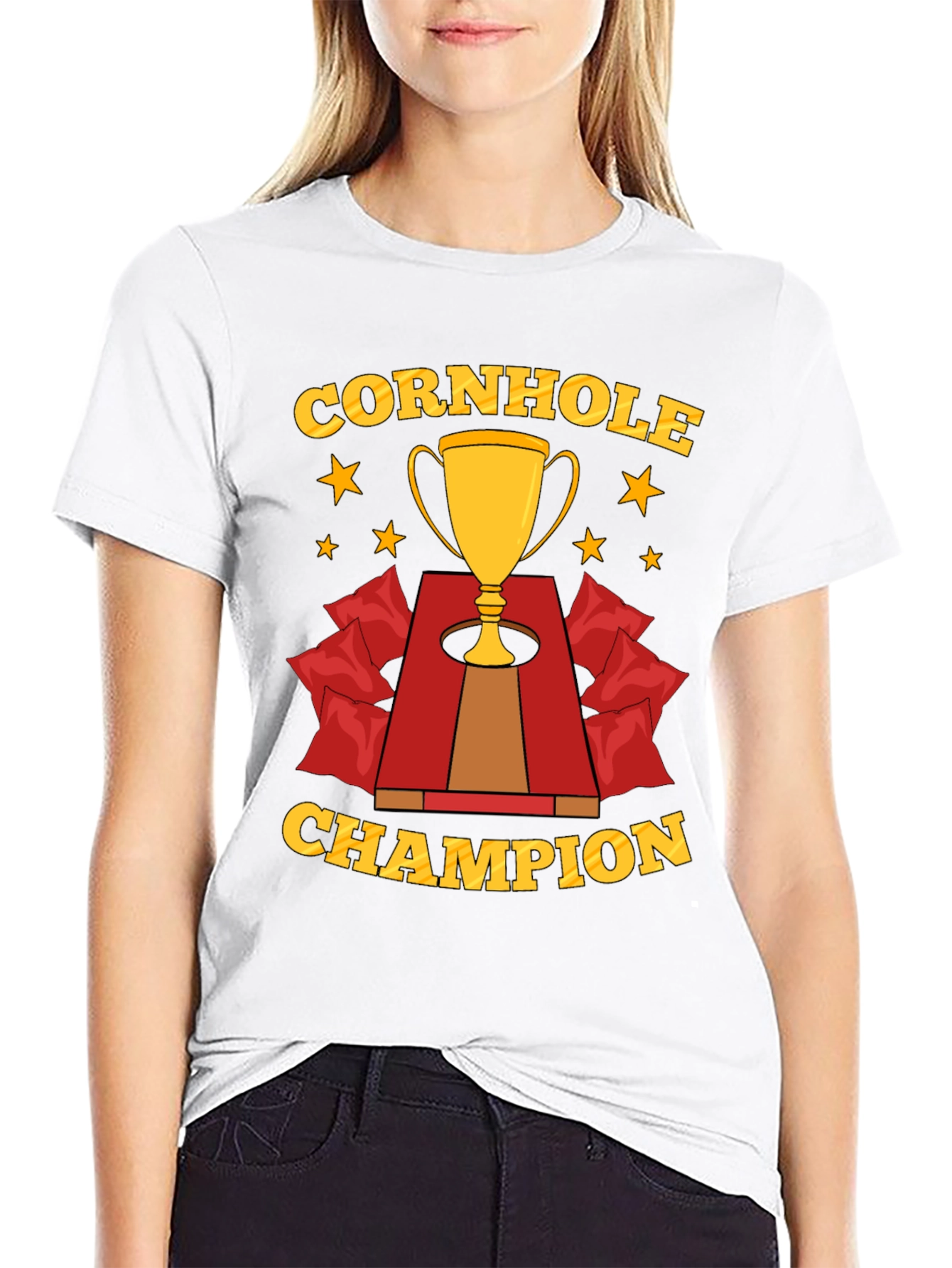Black Cornhole Champion T-Shirt, Trophy Design view 9