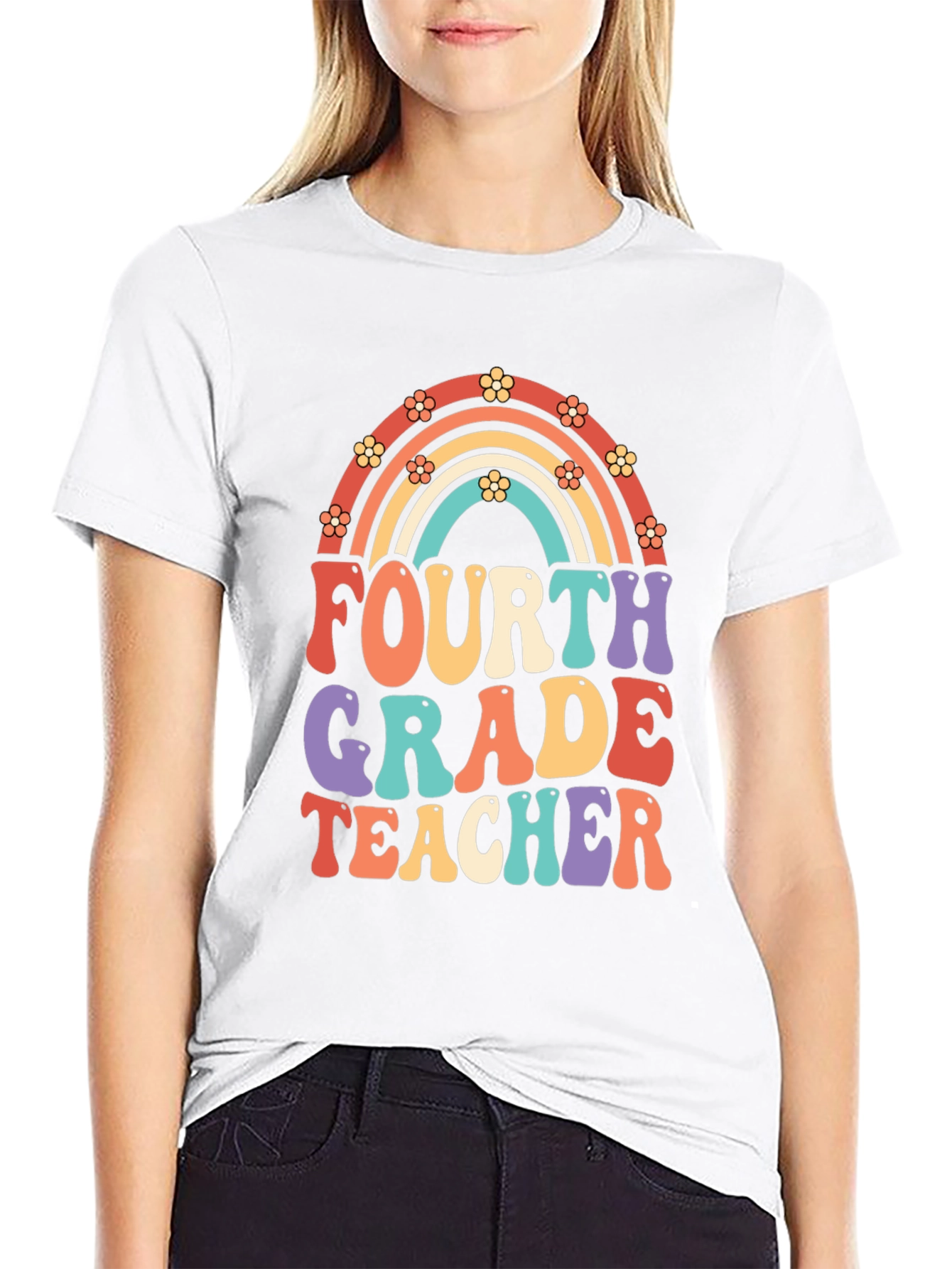 Black Fourth Grade Teacher Retro Rainbow T-Shirt view 9