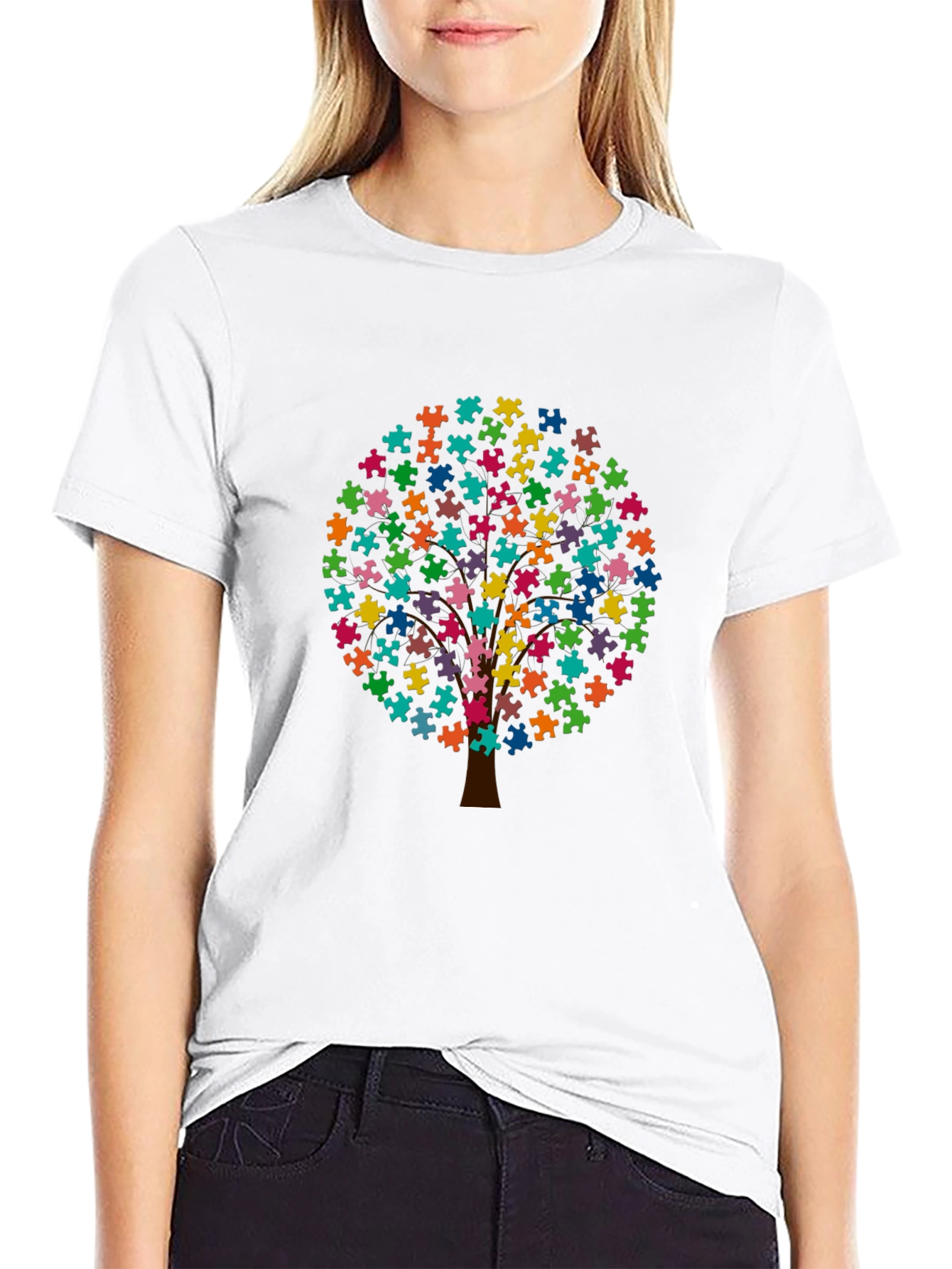 Black Autism Awareness Puzzle Tree T-Shirt view 9