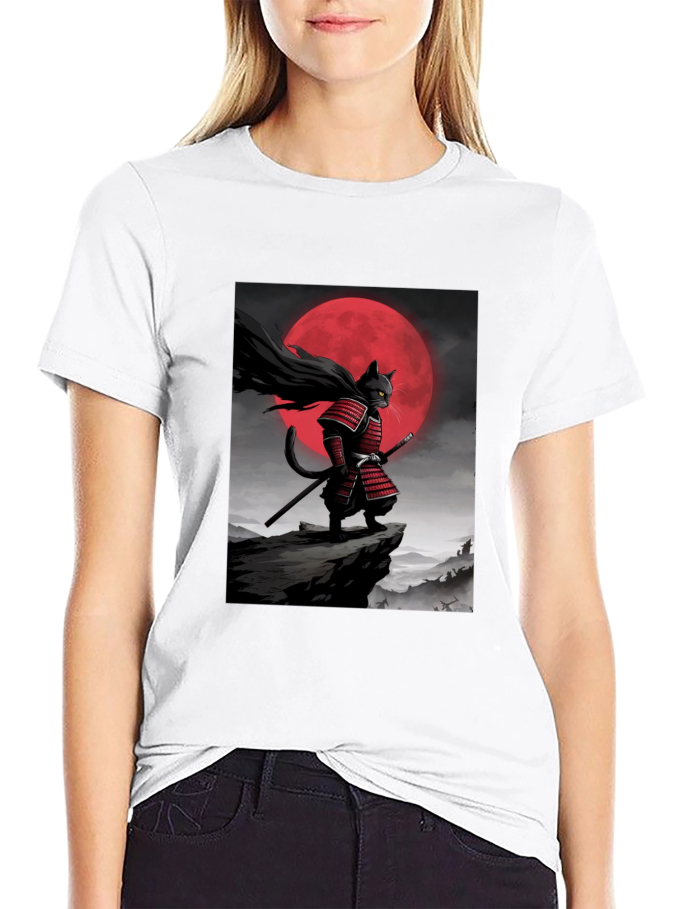 Black Samurai Cat Graphic T-Shirt view 9
