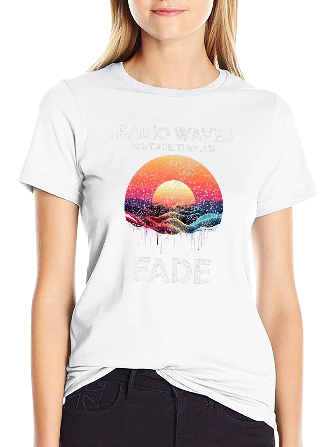 Black Radio Waves Graphic T-Shirt - Sunset Fade Design view 9