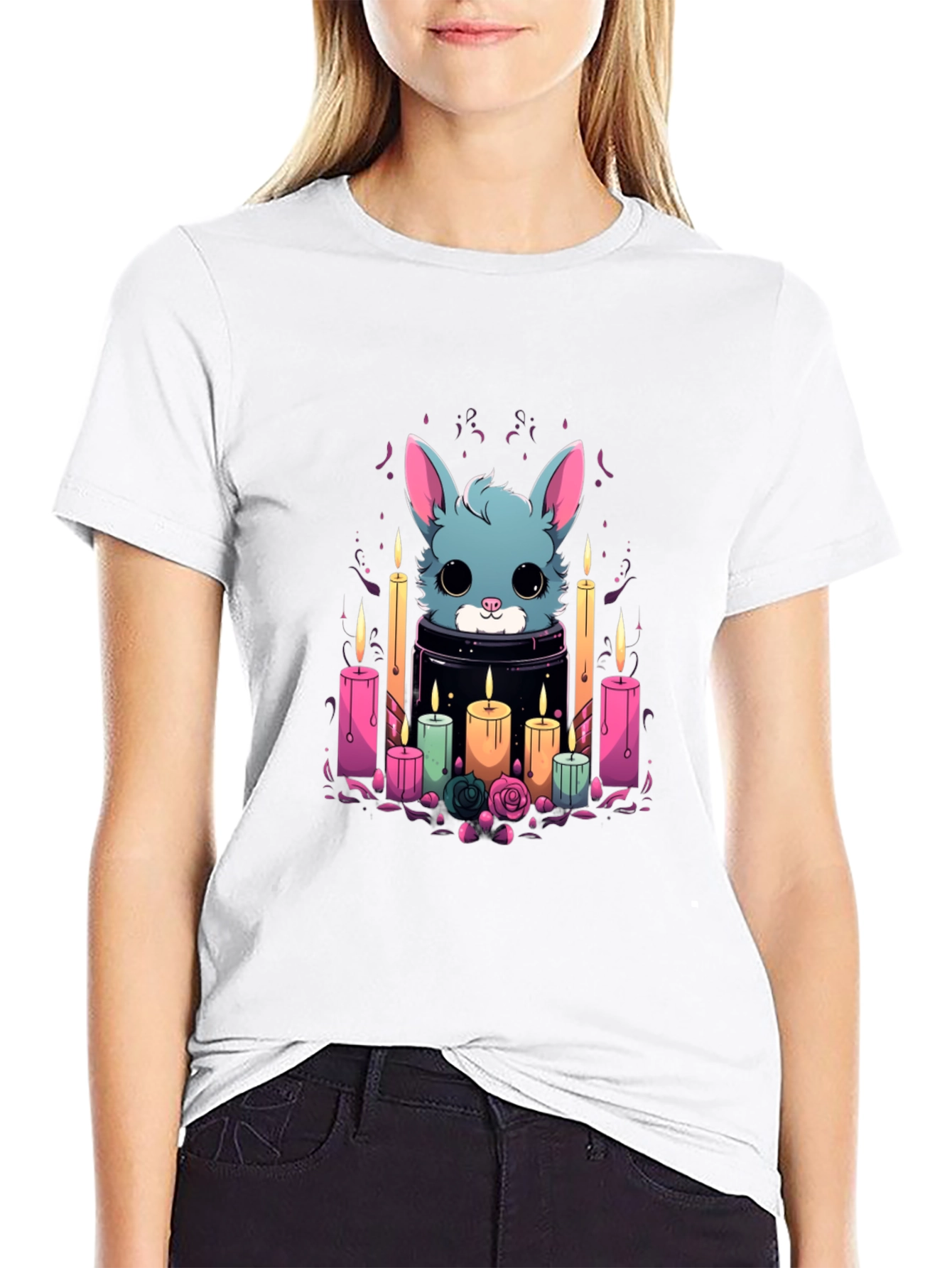 Black Cute Bunny Candle T-Shirt - Stylish Graphic Tee view 9