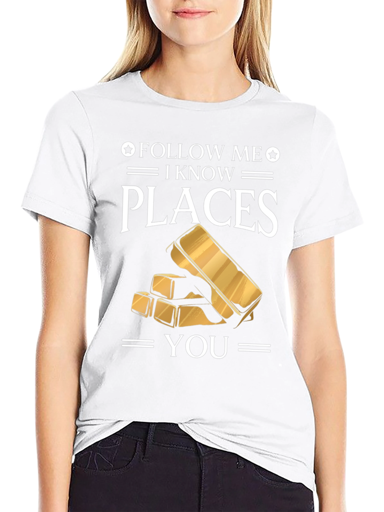 Black Follow Me I Know Places Gold Bar T-Shirt view 9
