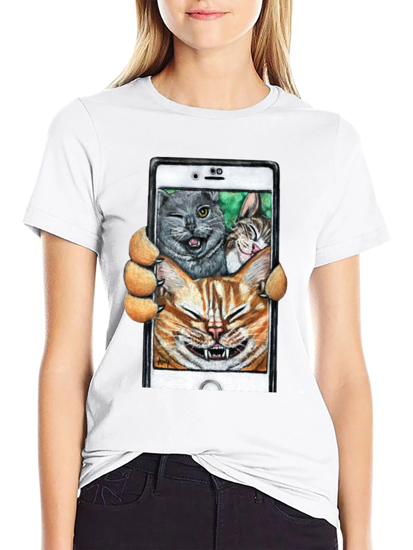 Black Funny Cat Selfie T-Shirt view 9