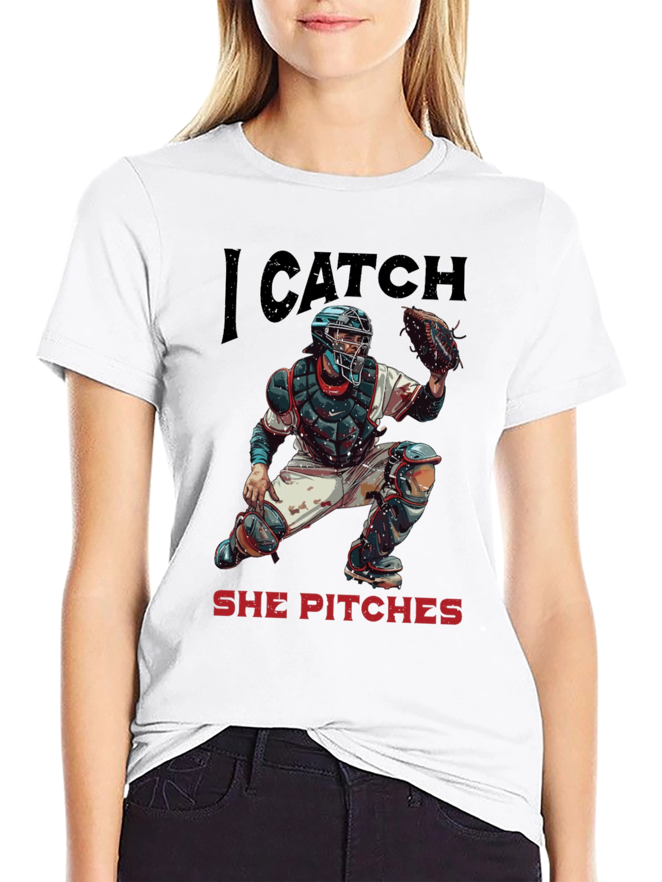 Black I Catch She Pitches Baseball T-Shirt view 9