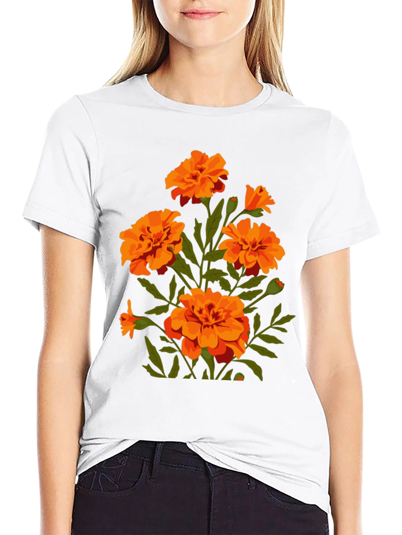 Black Black T-Shirt with Orange Flower Graphic Print view 9