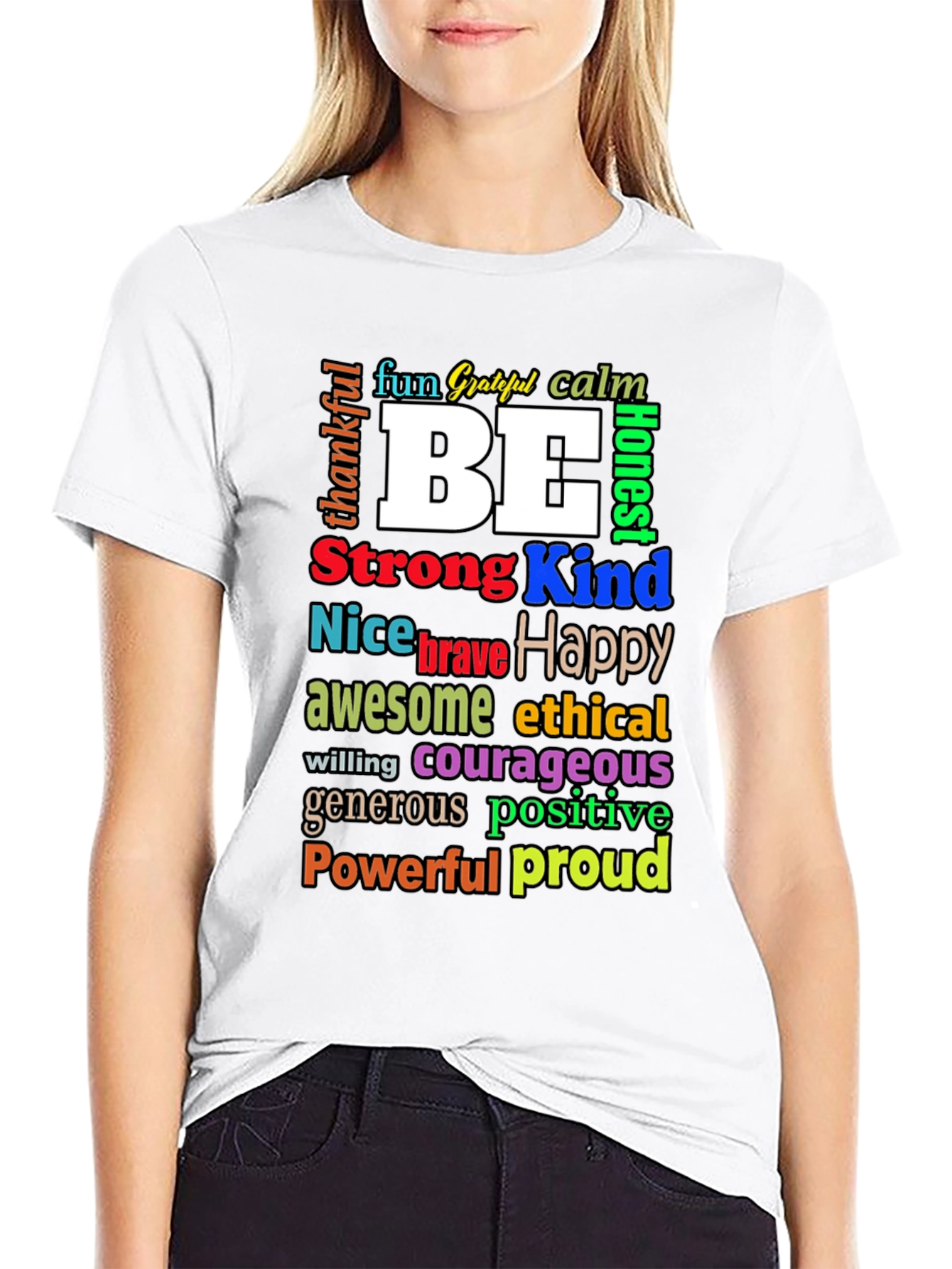 Black Inspirational Word Art T-Shirt - Be Kind, Happy, Strong view 9