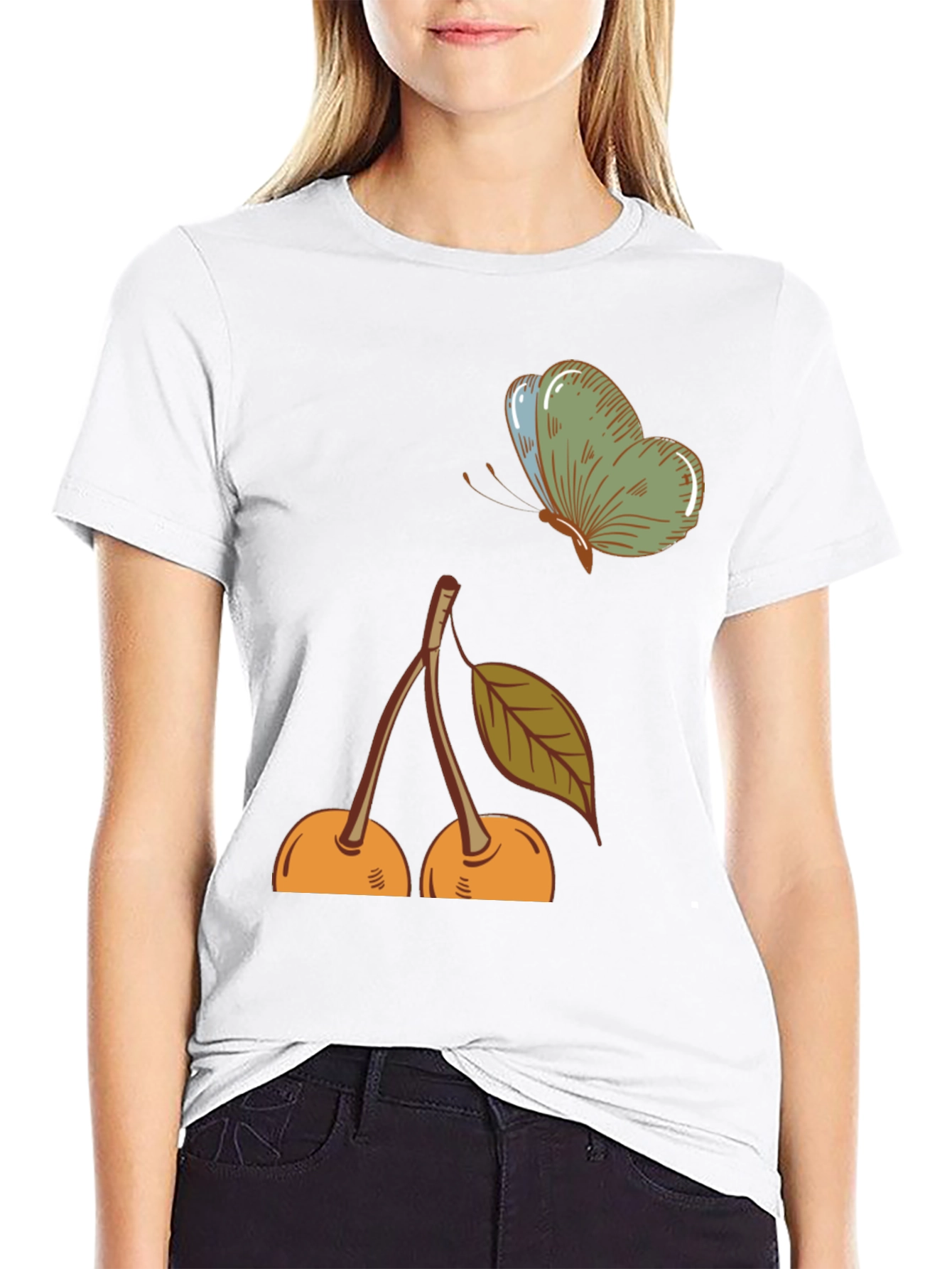 Black Cherry & Butterfly Graphic Tee - Black Casual T-Shirt view 9