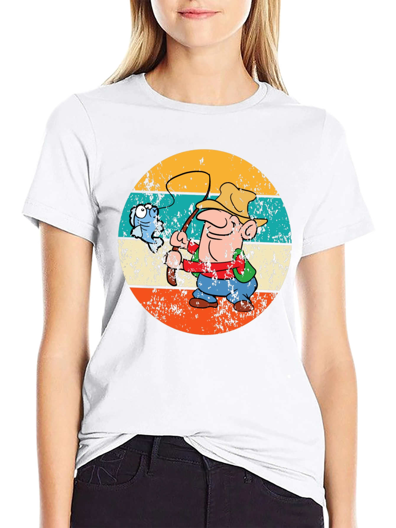 Black Retro Fishing Cartoon T-Shirt view 9