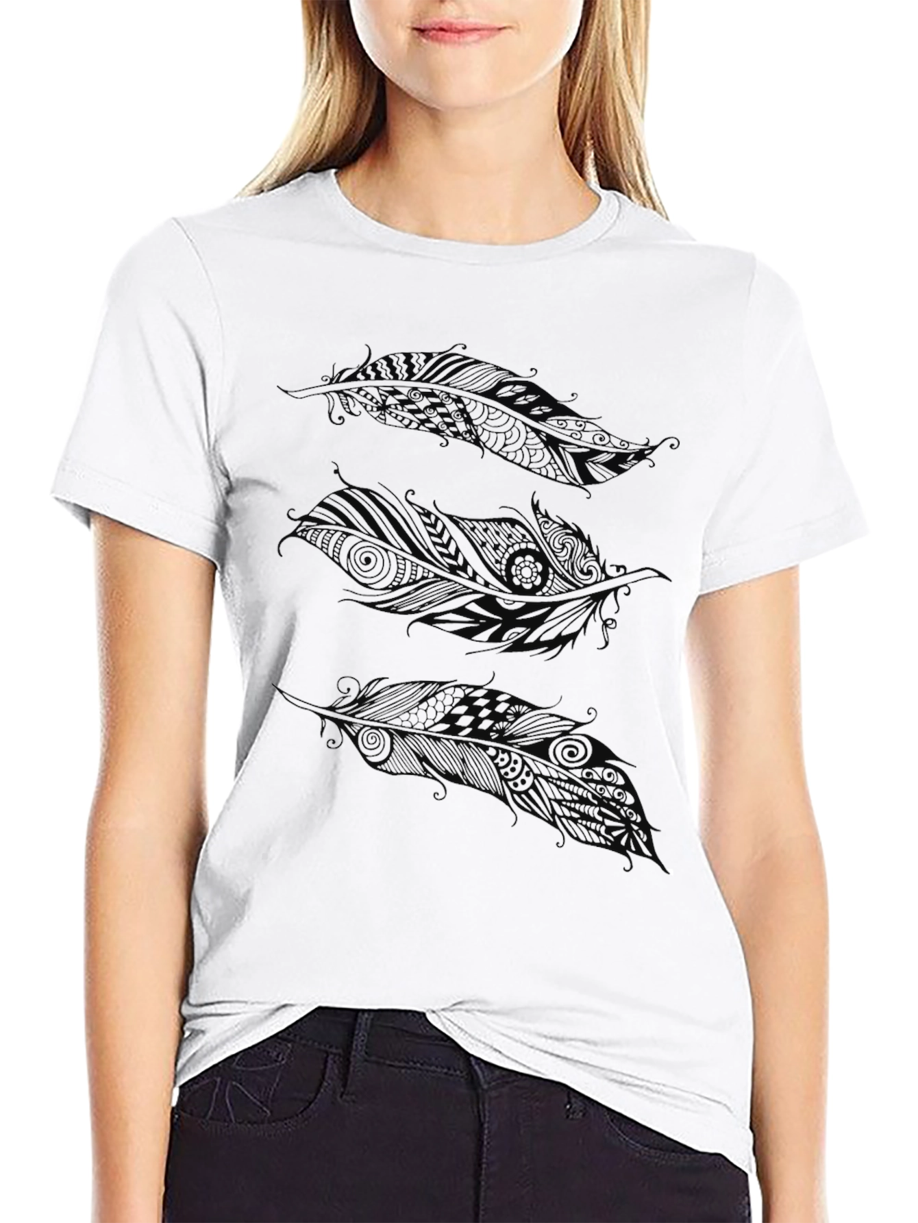 Black Feather Print Black T-Shirt view 9