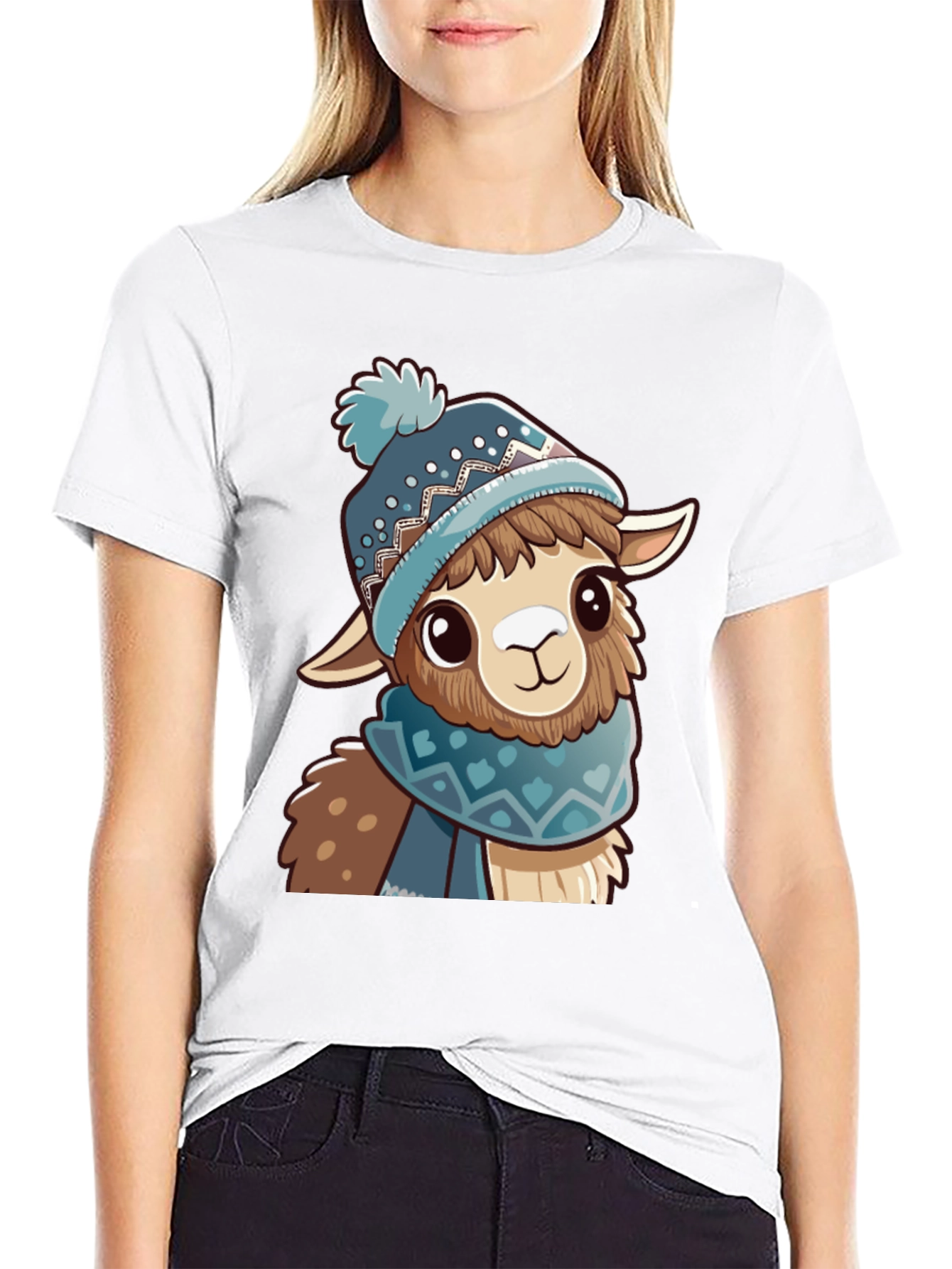 Black Cute Llama in Winter Hat Black T-Shirt view 9