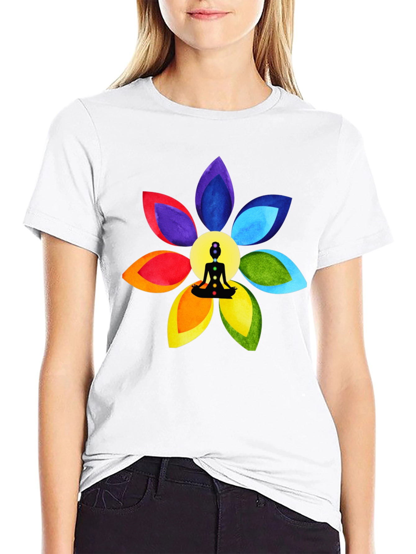 Black Chakra Flower Meditation T-Shirt - Spiritual Design view 9