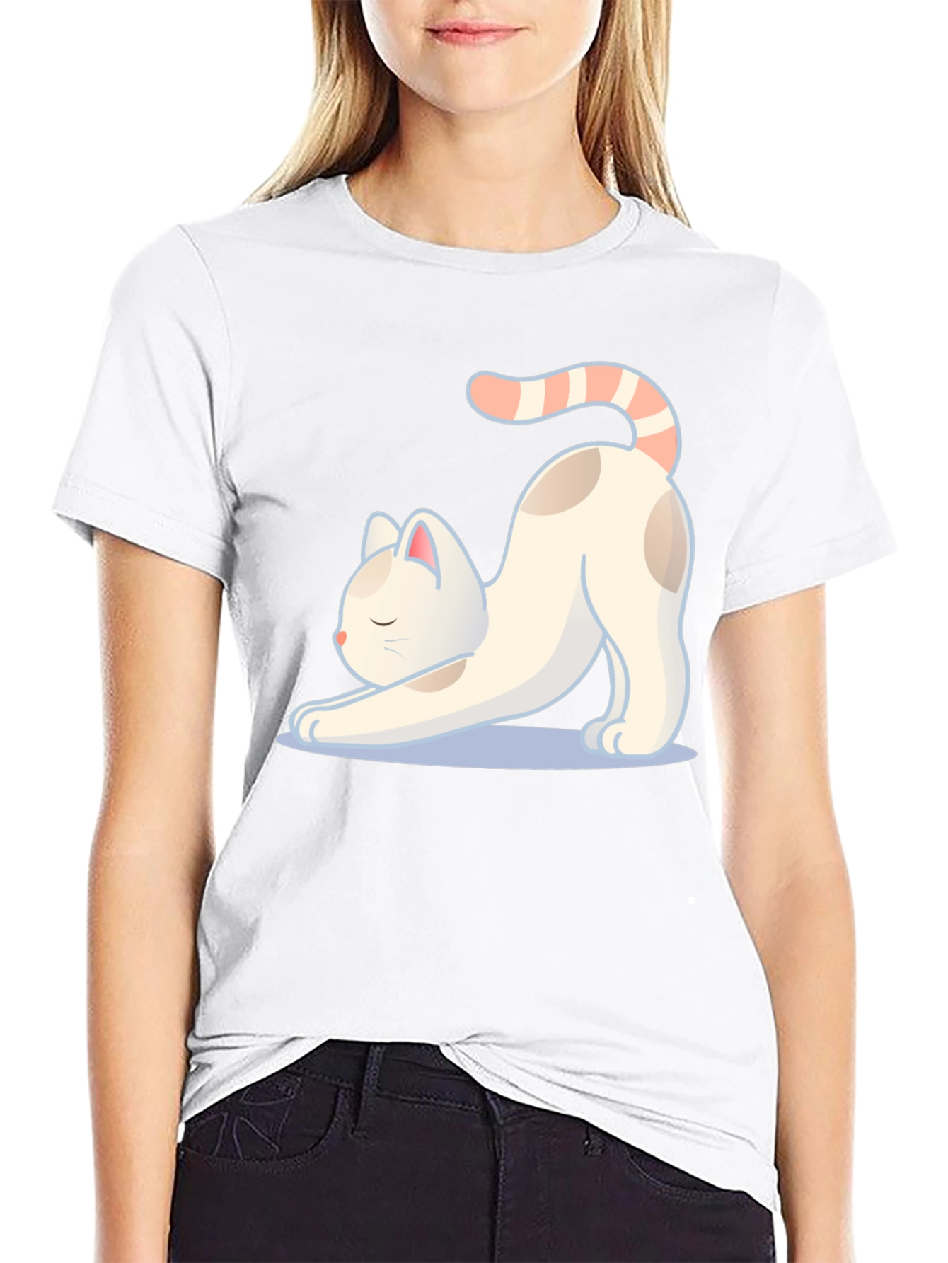Black Cute Cat Stretching Graphic T-Shirt view 9