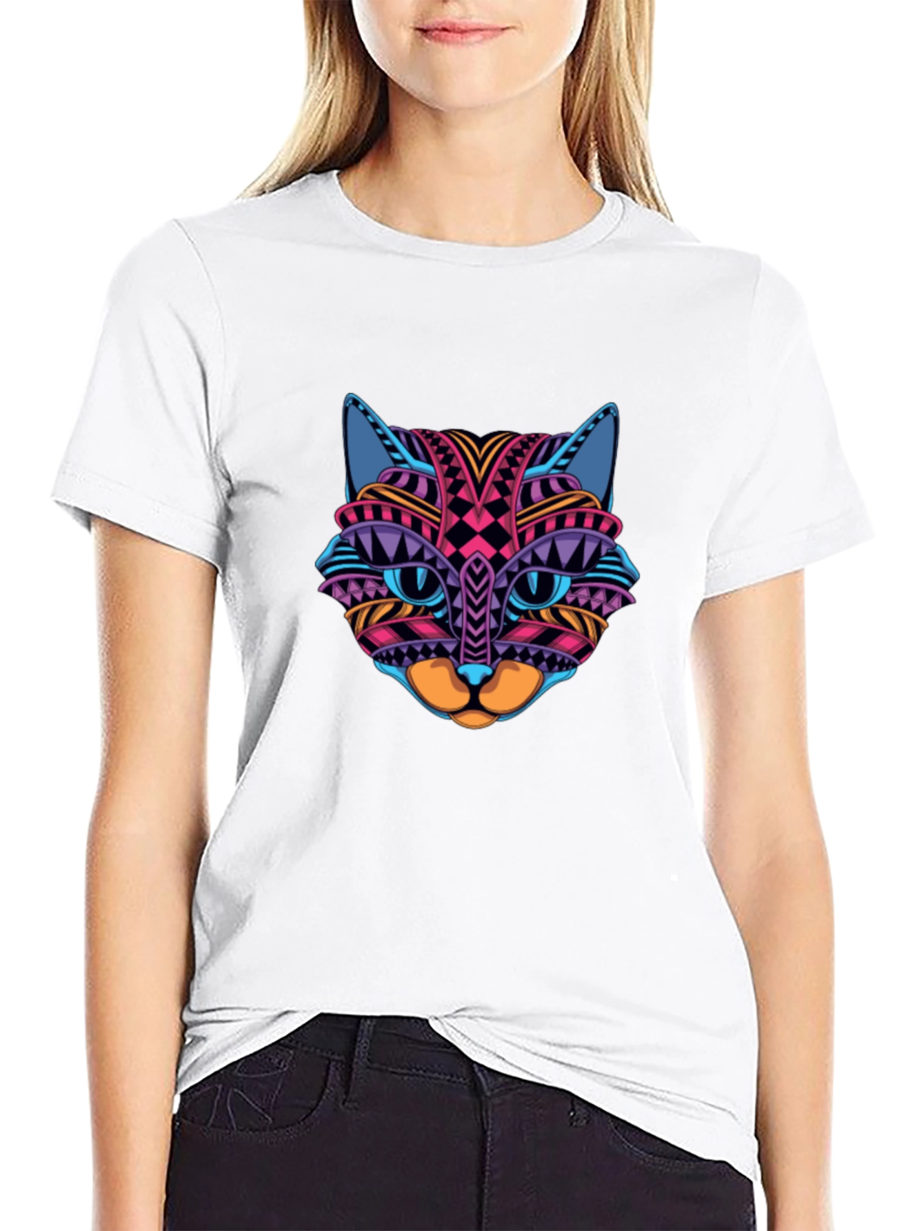 Black Colorful Cat Face Graphic Print Black T-Shirt view 9