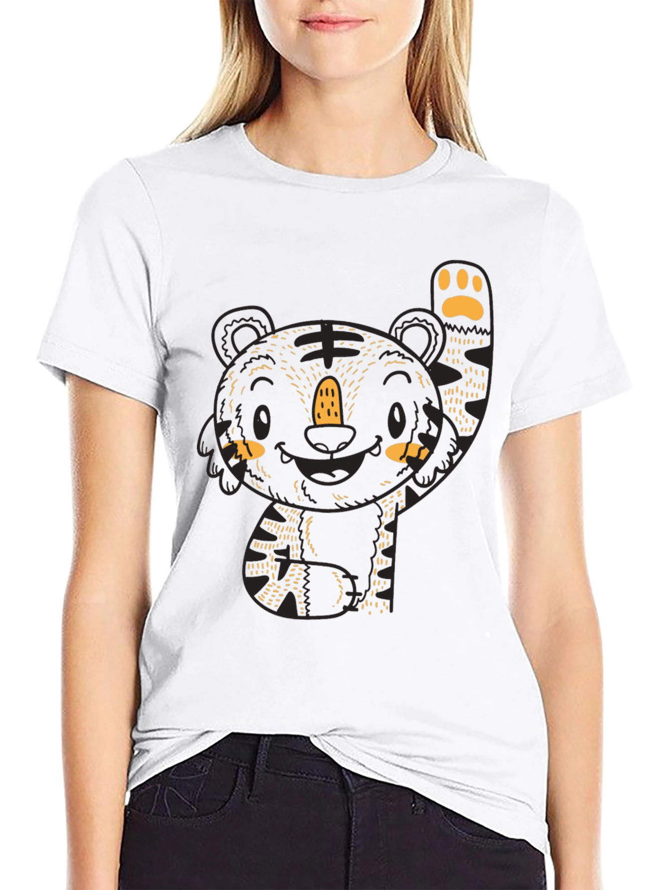 Black Cute Tiger Graphic Black Tee view 9