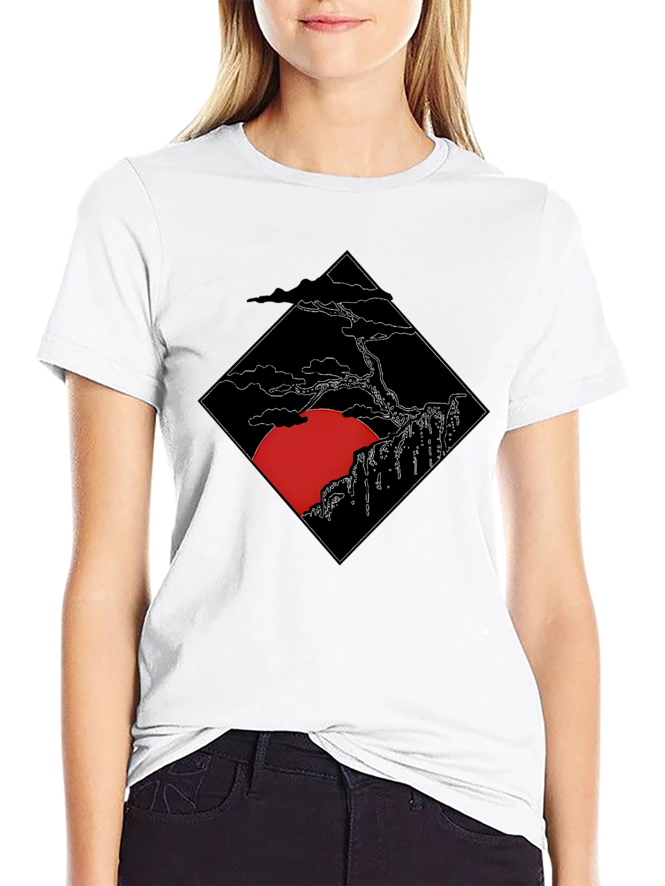 Black Men's Black T-Shirt with Japanese Sunset Design view 9