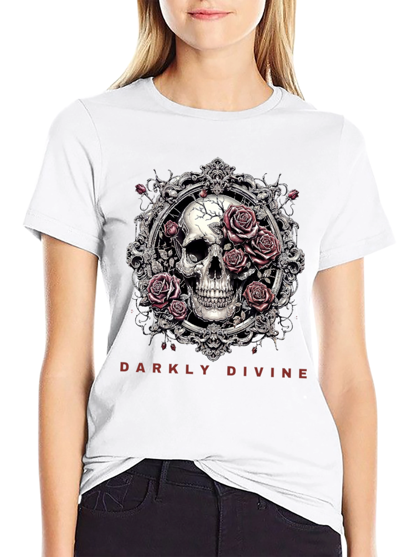 Black Darkly Divine Skull & Roses Graphic T-Shirt view 9