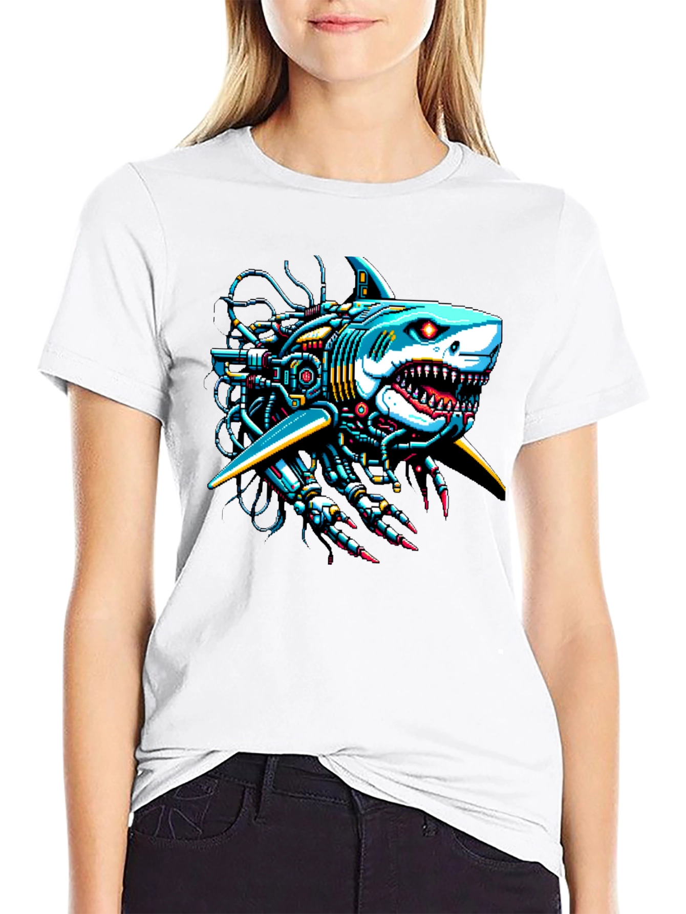 Black Cyberpunk Shark Graphic Tee - Unique & Bold Design view 9