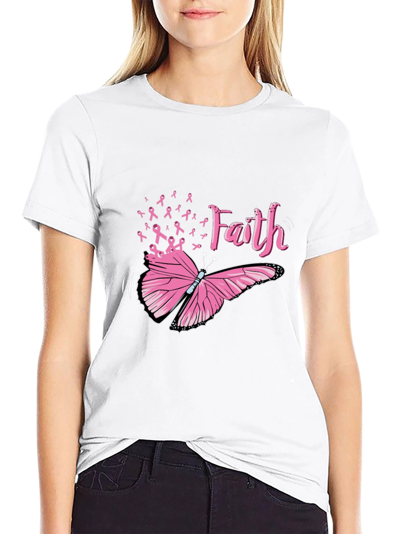 Black Faith Butterfly Breast Cancer Awareness Tee view 9