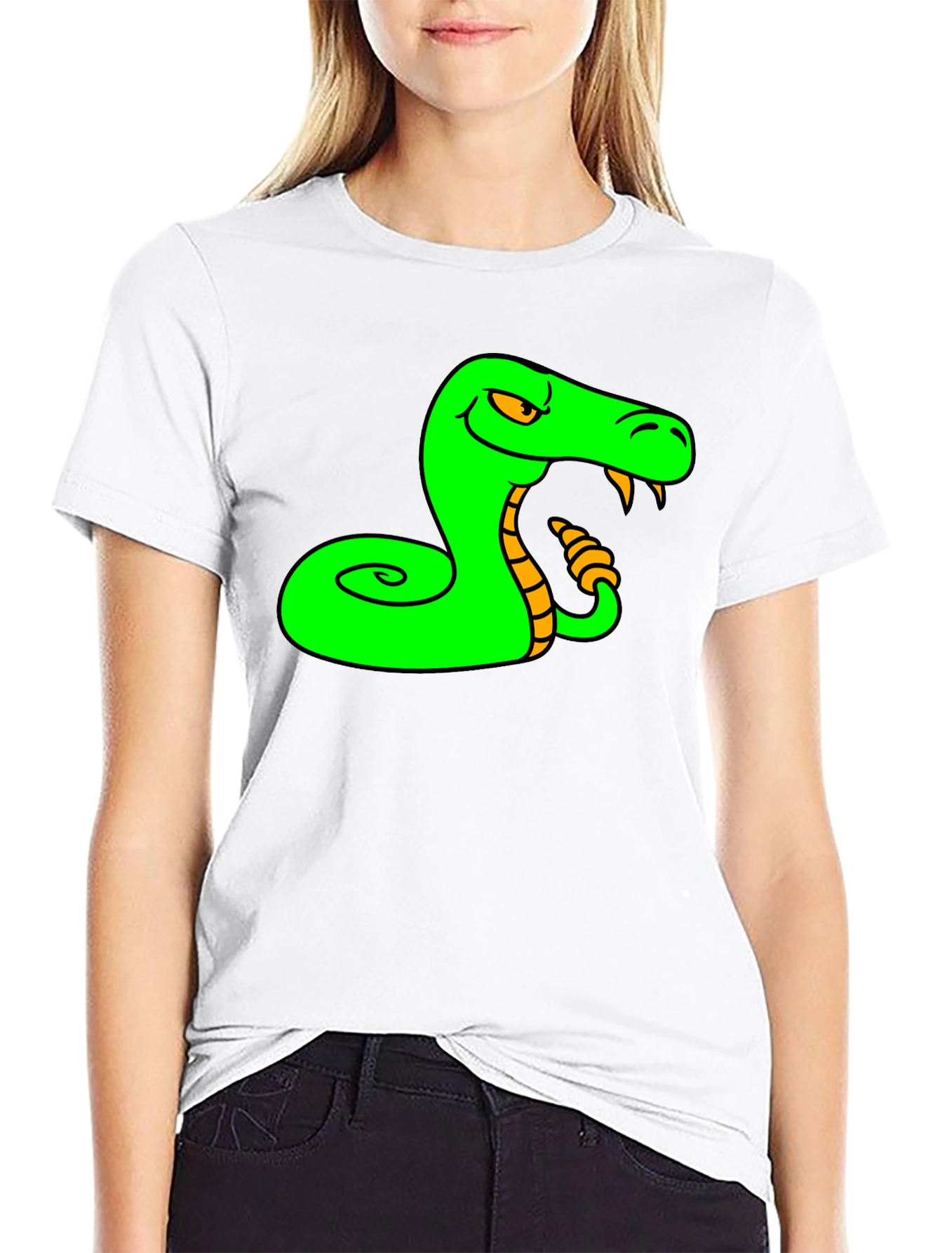 Black Green Snake Cartoon Graphic Black T-Shirt view 9